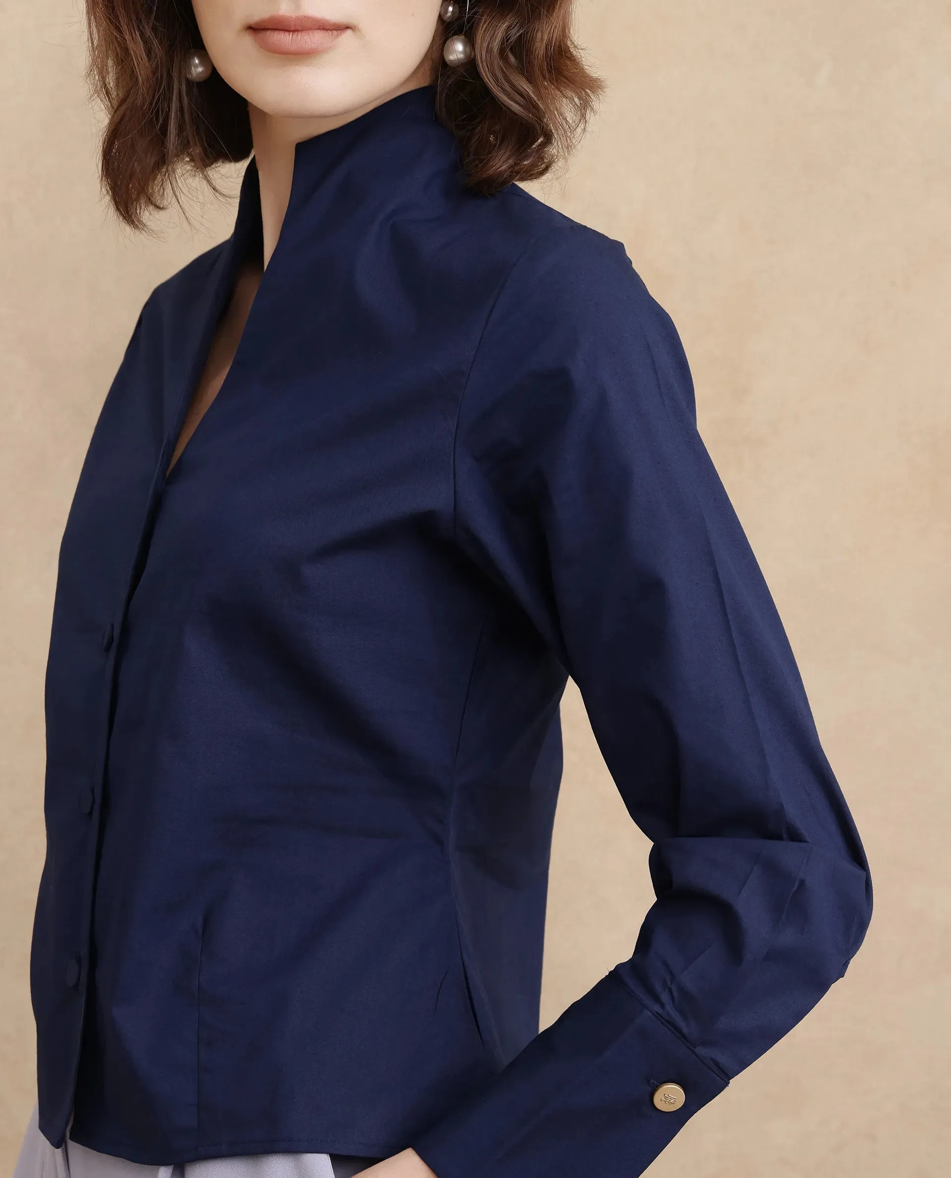Rareism Women Kaldo Light Navy Full Sleeve High Neck Button Closure Cropped Plain Top