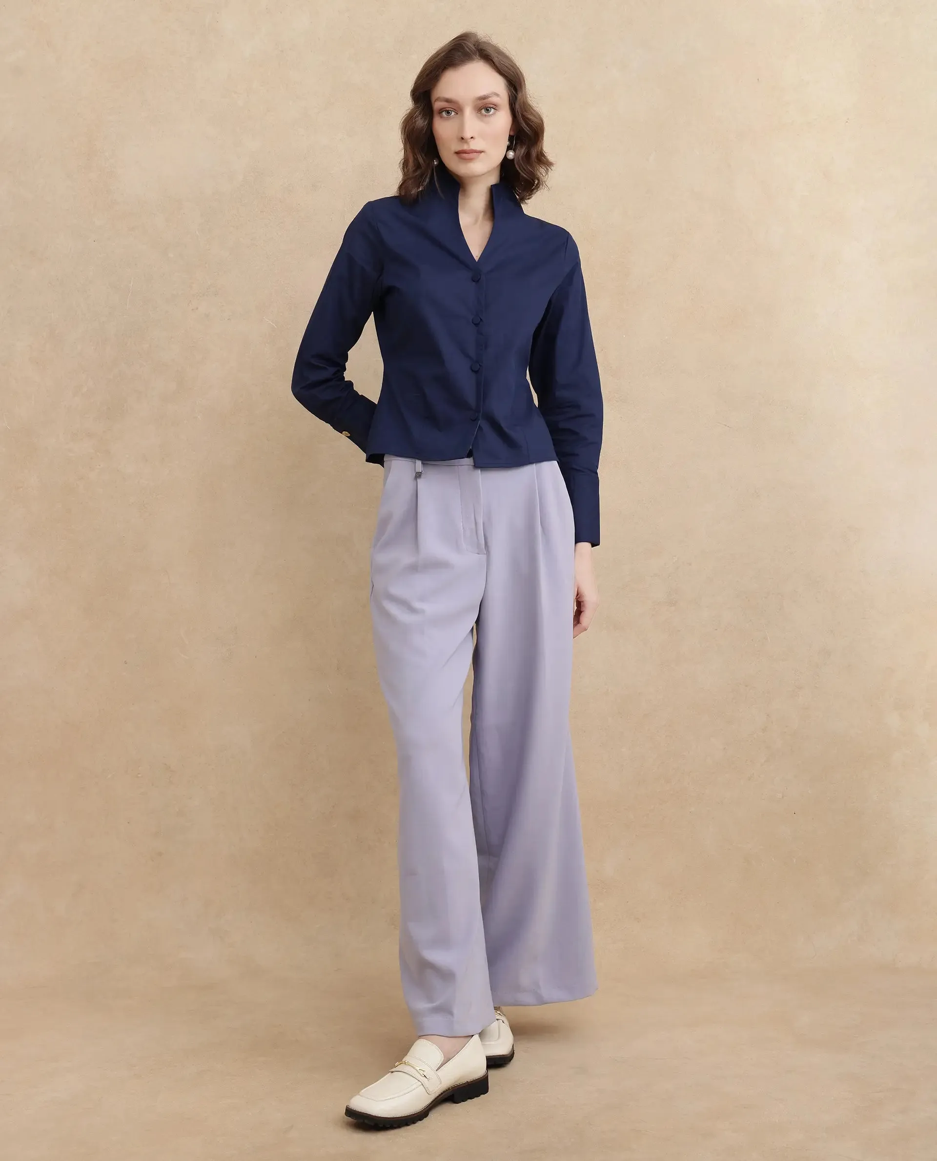Rareism Women Kaldo Light Navy Full Sleeve High Neck Button Closure Cropped Plain Top