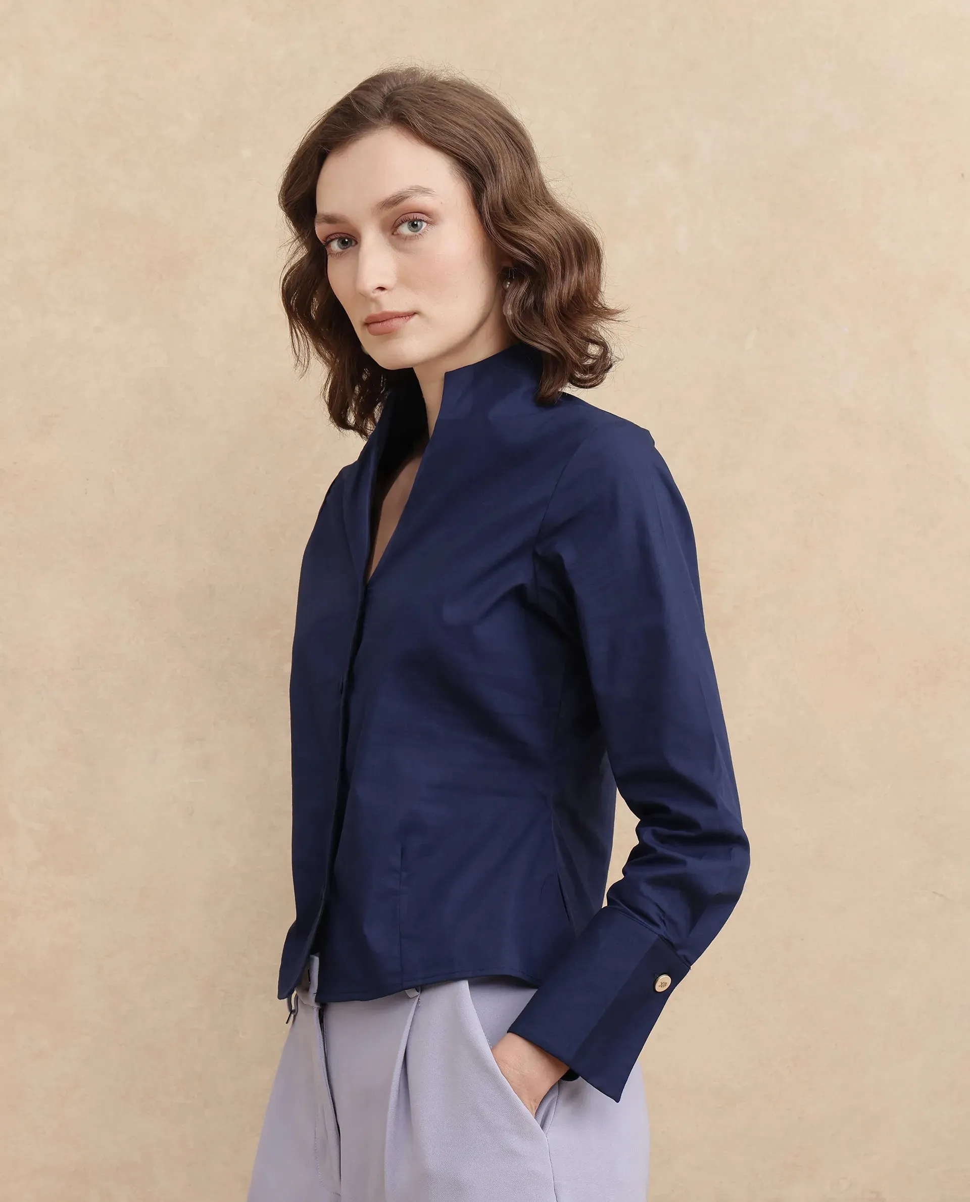 Rareism Women Kaldo Light Navy Full Sleeve High Neck Button Closure Cropped Plain Top