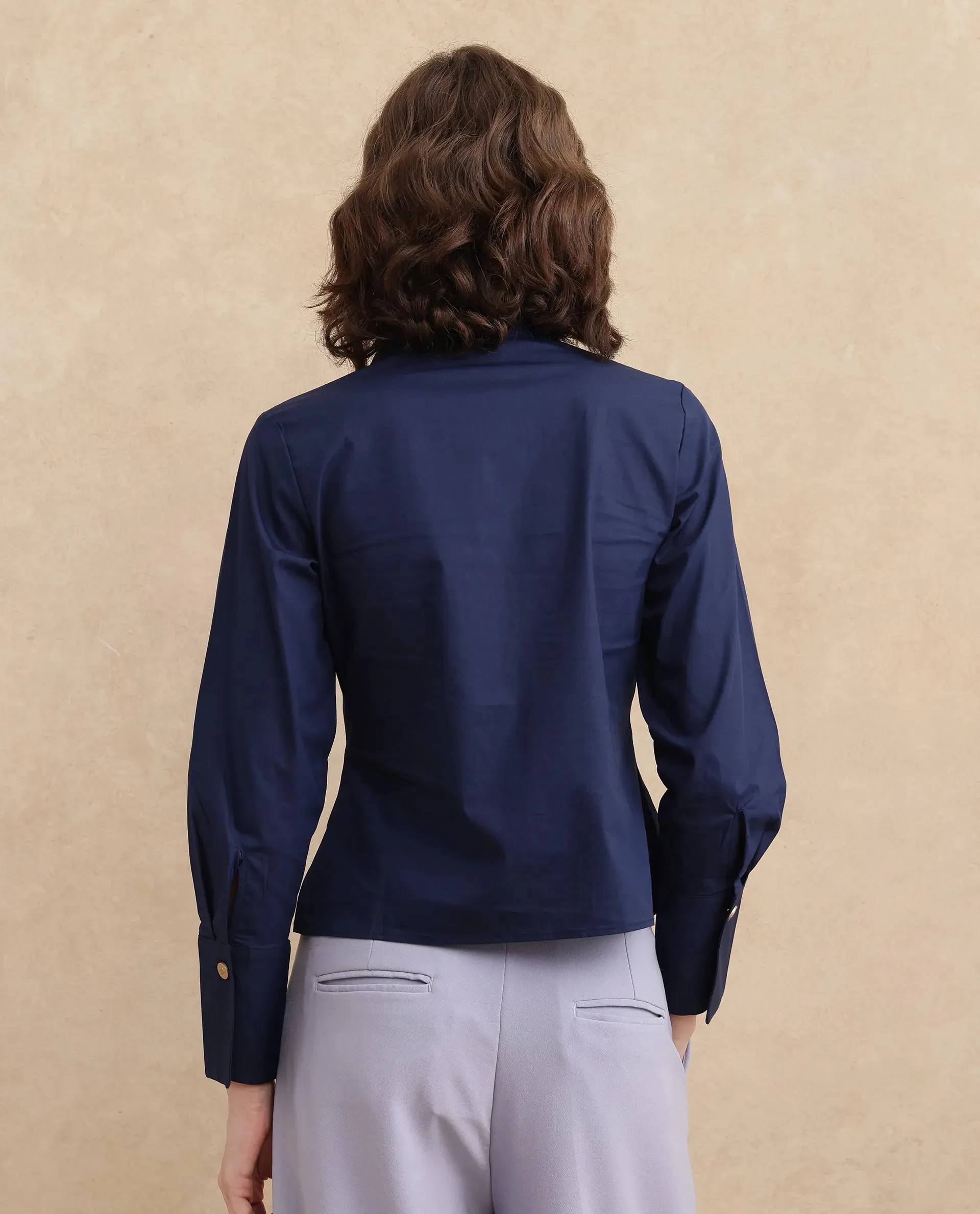 Rareism Women Kaldo Light Navy Full Sleeve High Neck Button Closure Cropped Plain Top