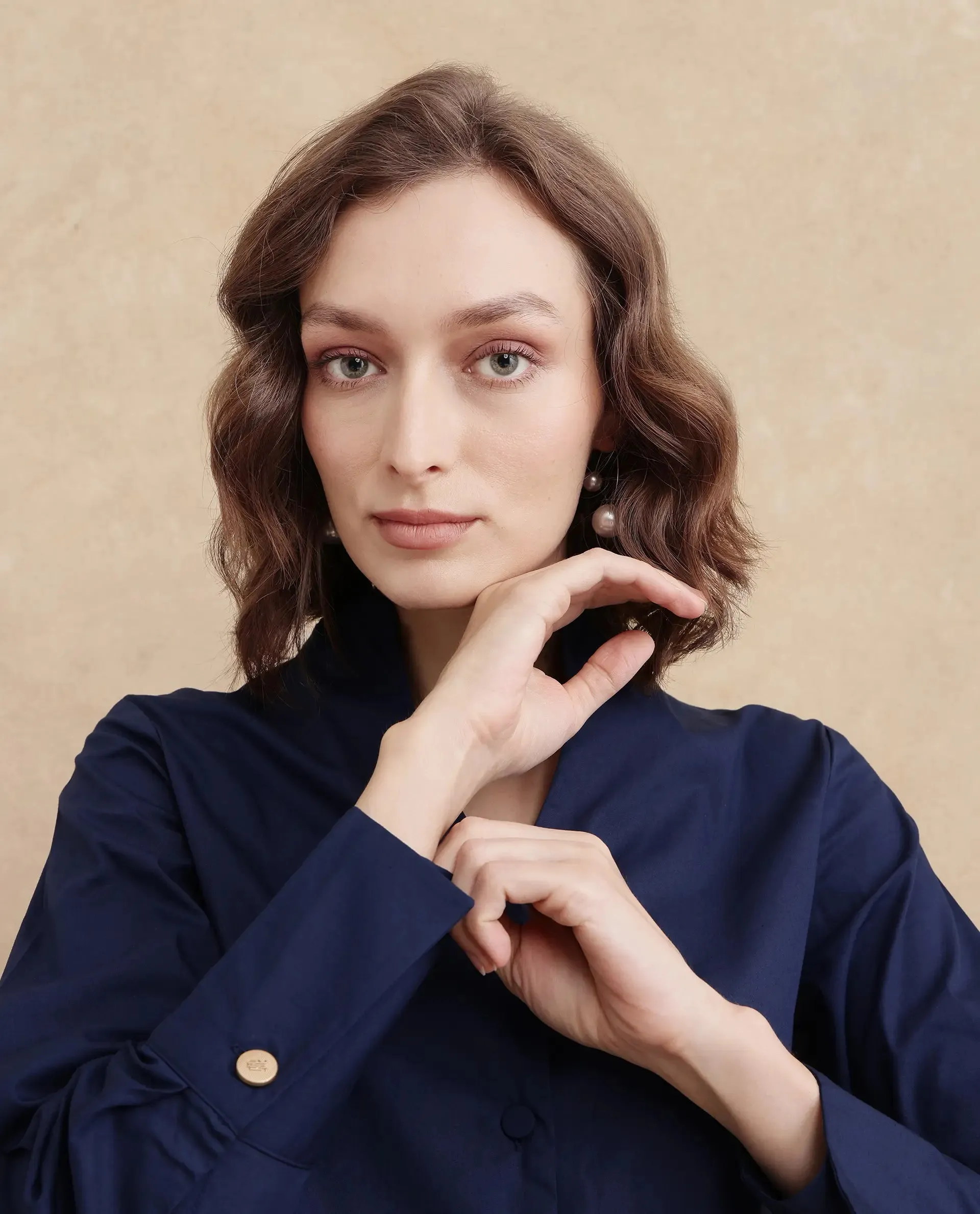 Rareism Women Kaldo Light Navy Full Sleeve High Neck Button Closure Cropped Plain Top