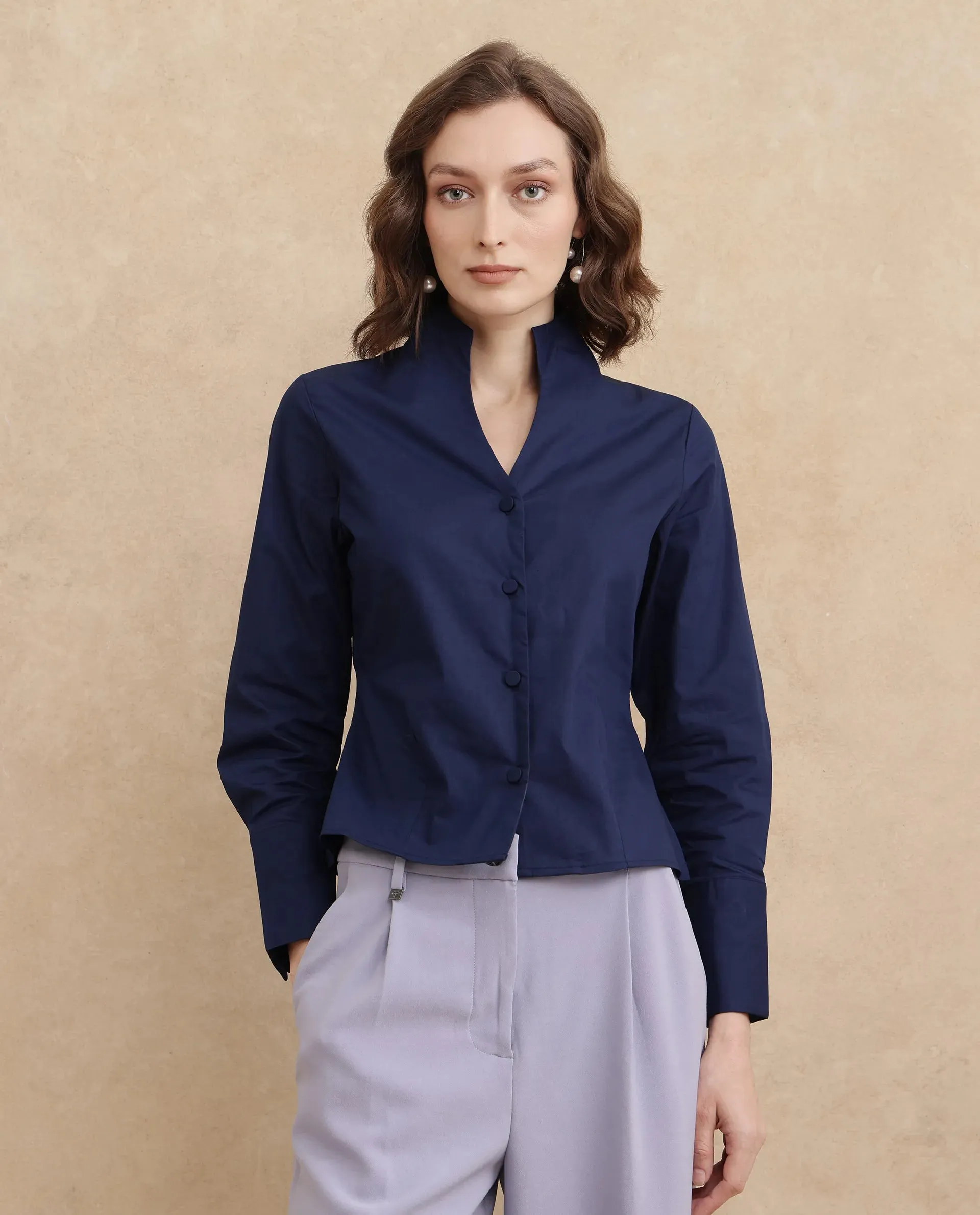Rareism Women Kaldo Light Navy Full Sleeve High Neck Button Closure Cropped Plain Top