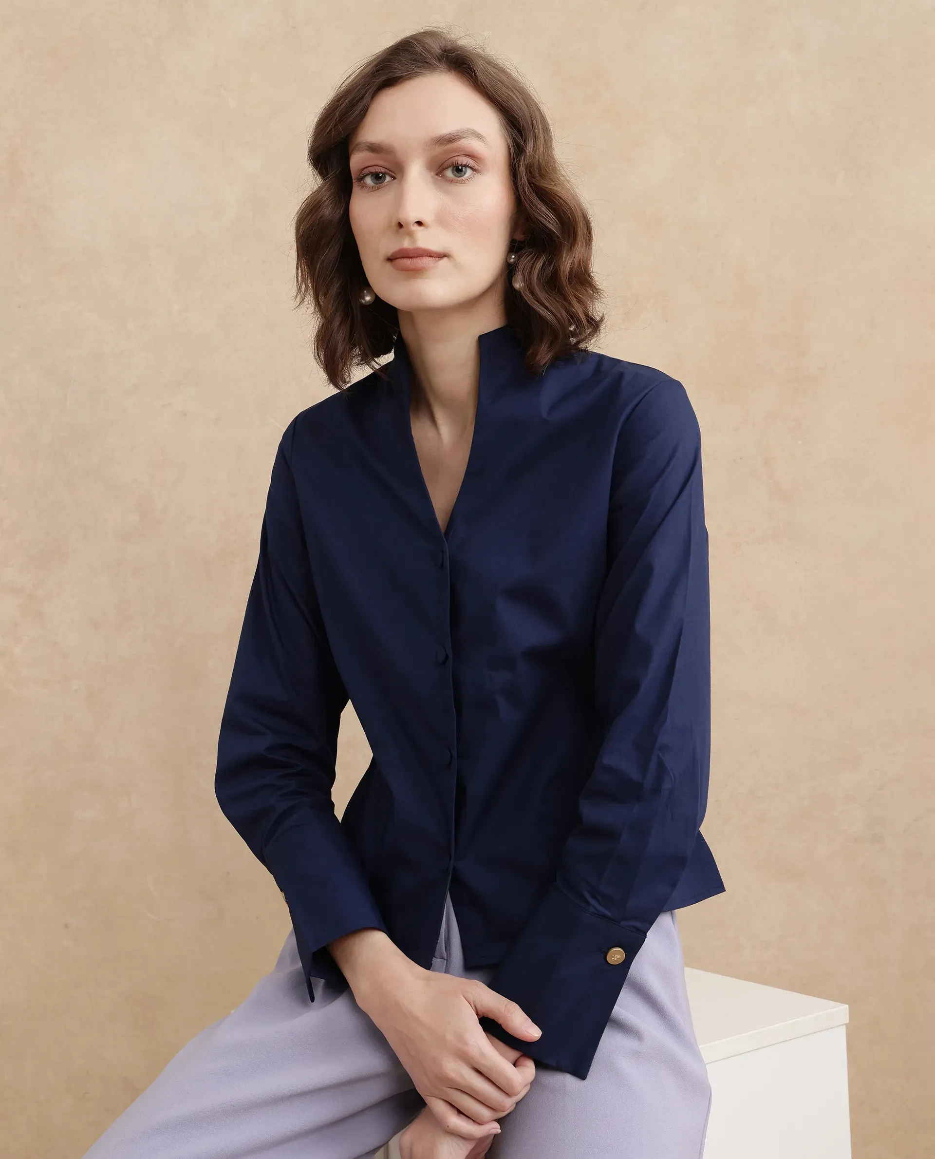 Rareism Women Kaldo Light Navy Full Sleeve High Neck Button Closure Cropped Plain Top