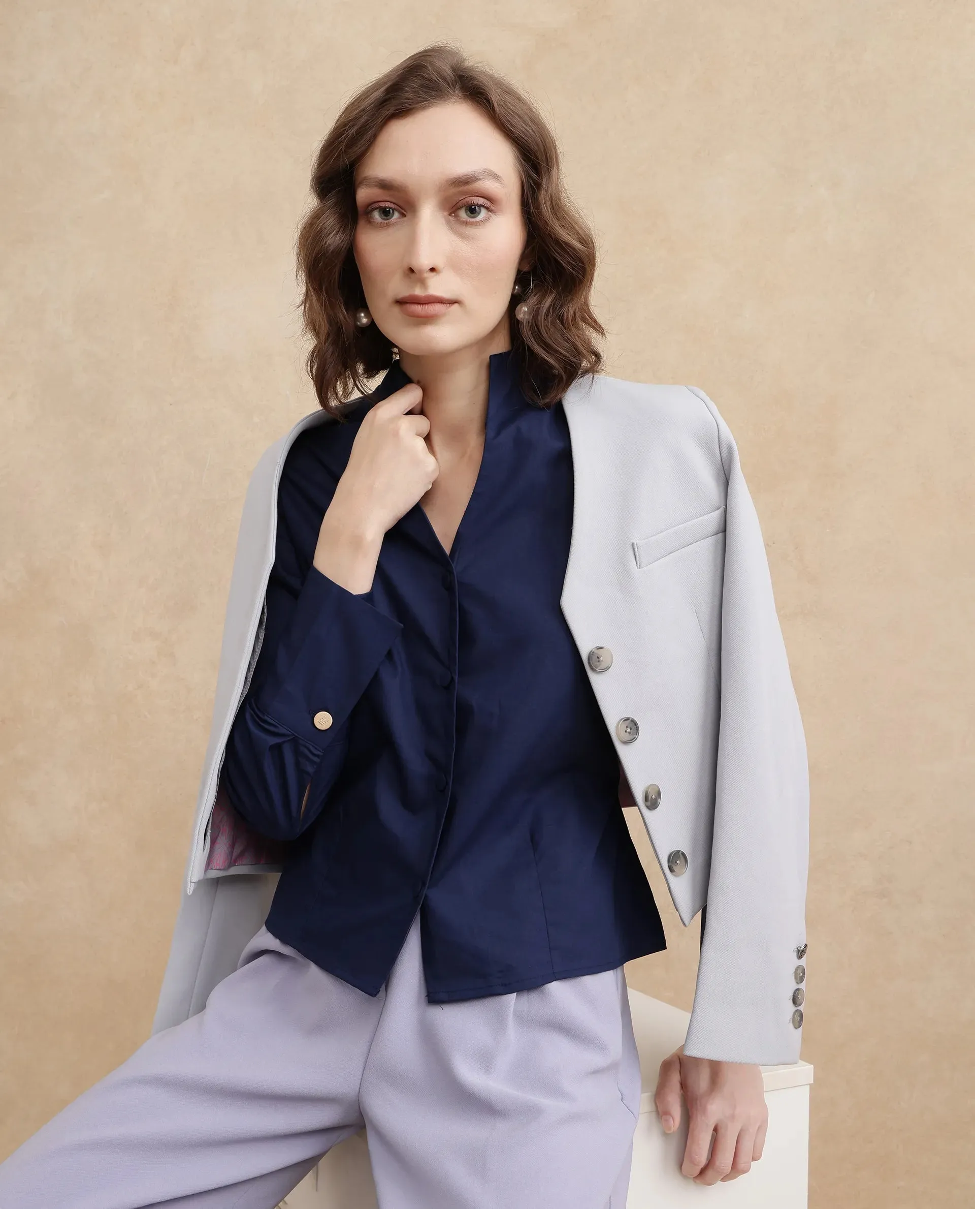 Rareism Women Kaldo Light Navy Full Sleeve High Neck Button Closure Cropped Plain Top