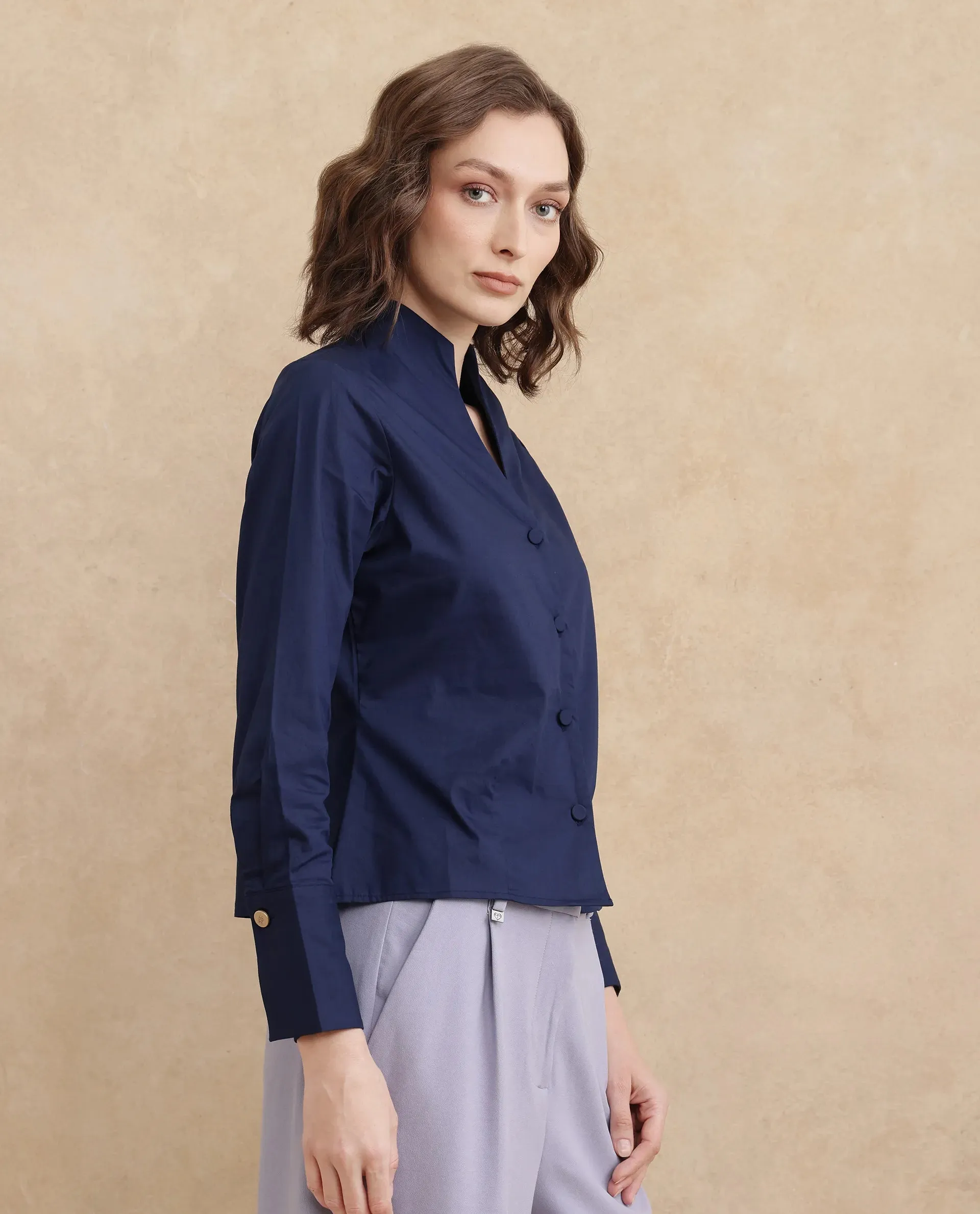 Rareism Women Kaldo Light Navy Full Sleeve High Neck Button Closure Cropped Plain Top