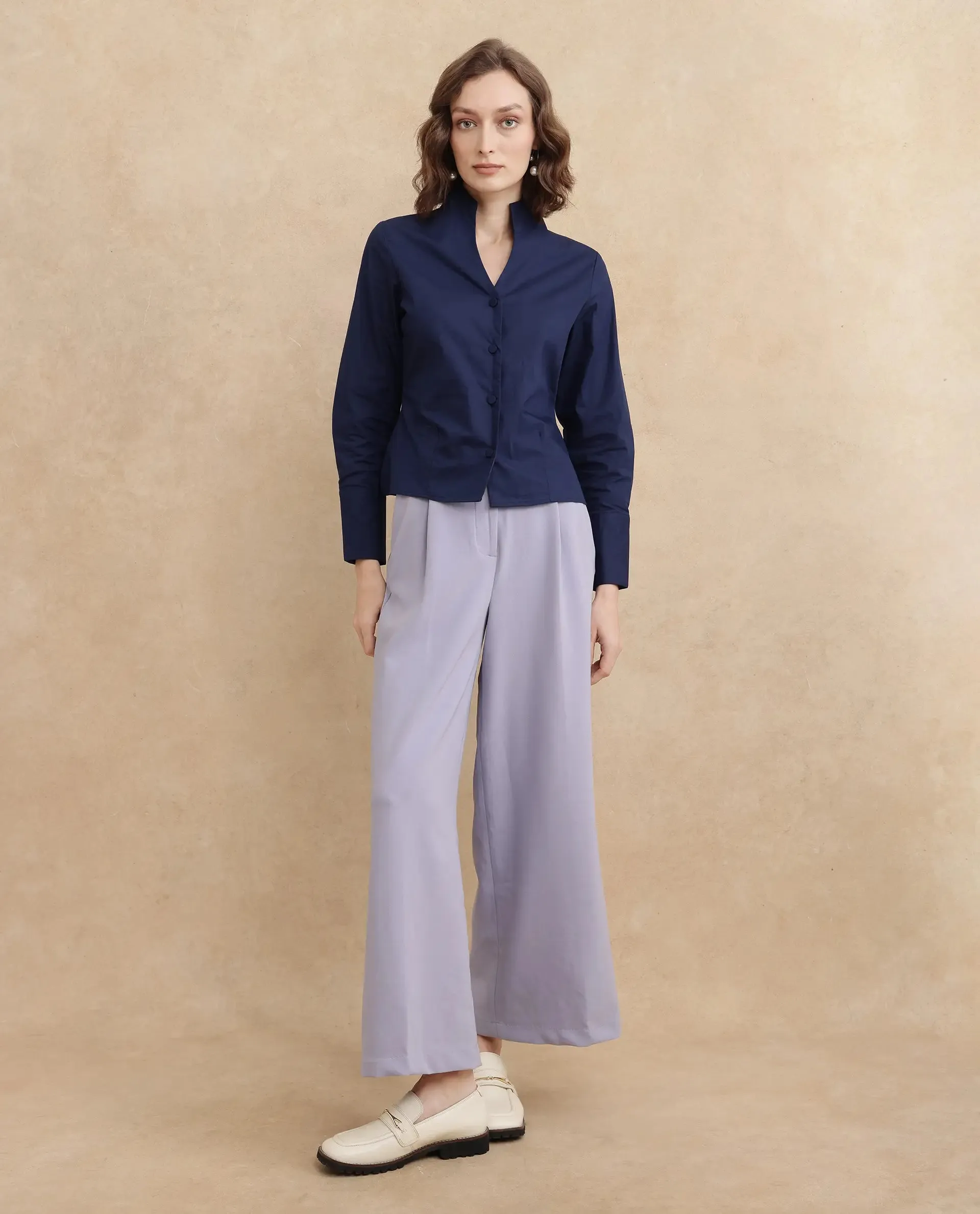 Rareism Women Kaldo Light Navy Full Sleeve High Neck Button Closure Cropped Plain Top