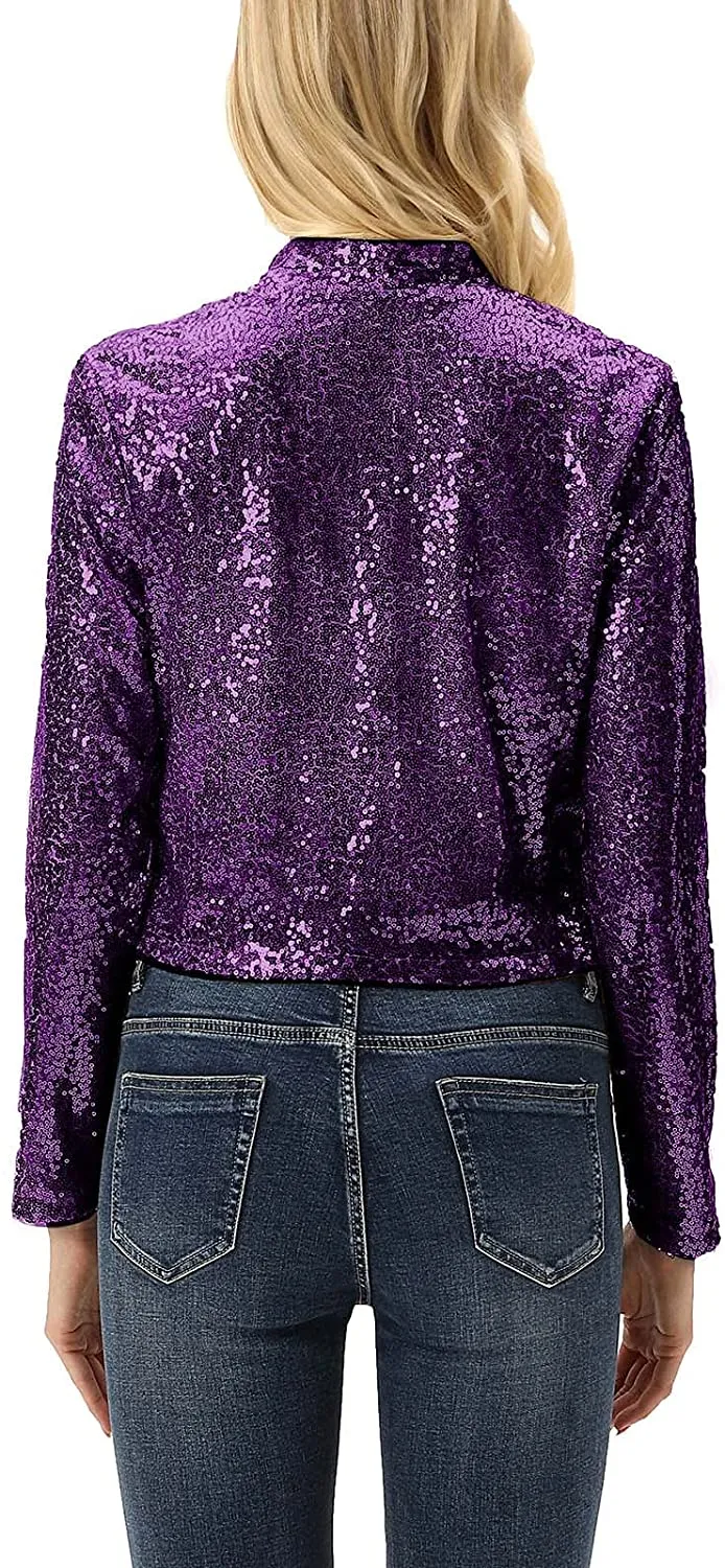 Shiny Black Sequin Shrug Long Sleeve Open Front Blazer Jacket