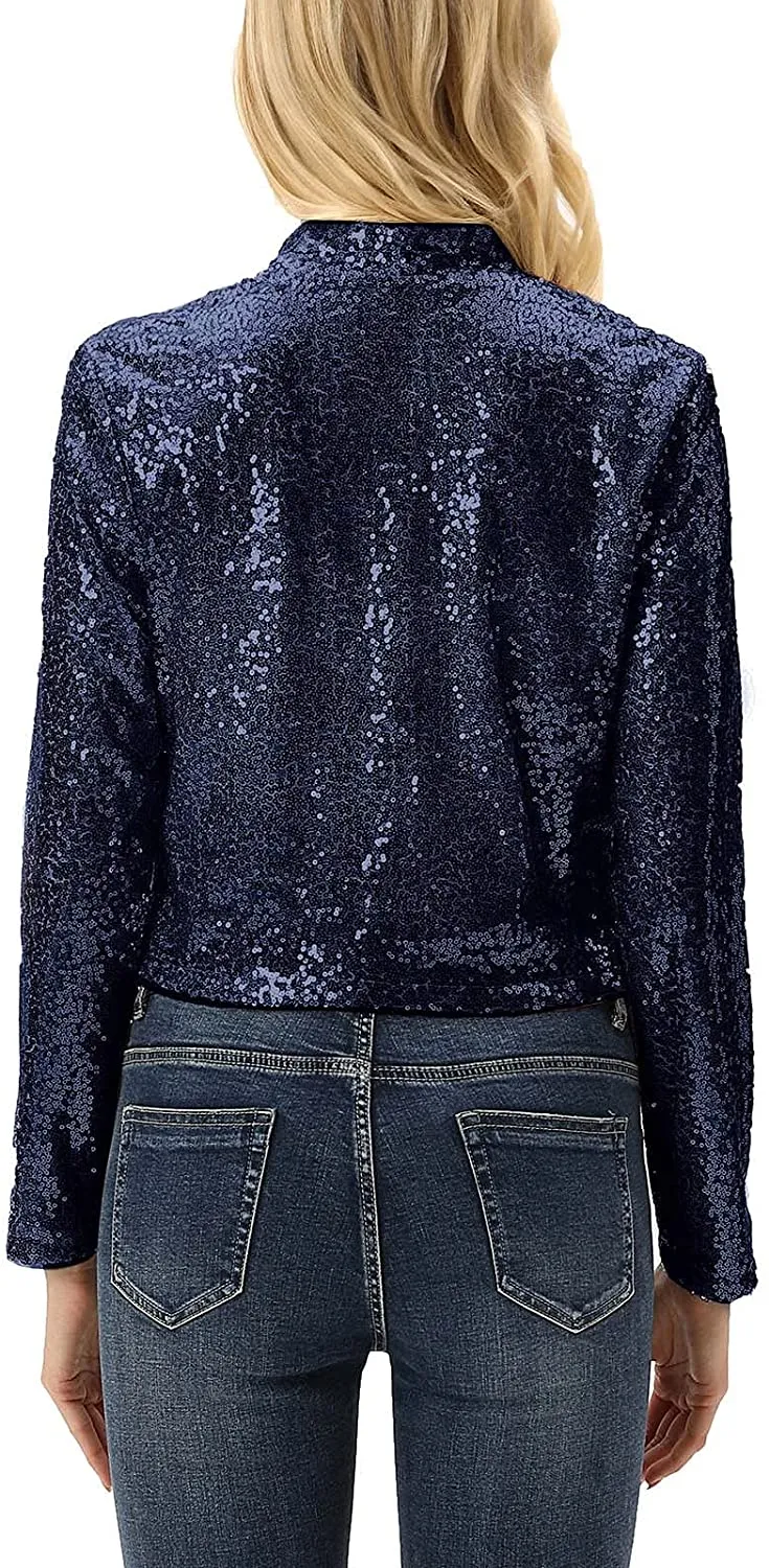 Shiny Black Sequin Shrug Long Sleeve Open Front Blazer Jacket