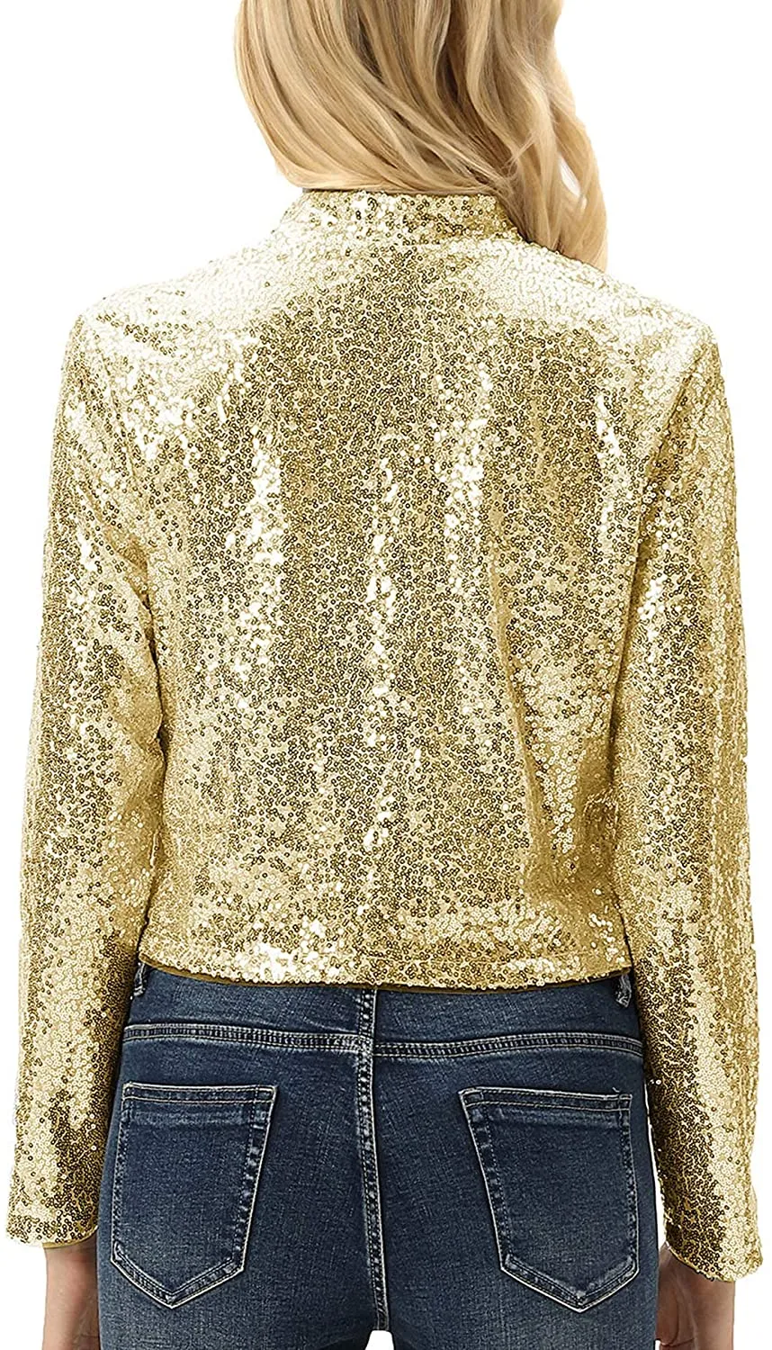 Shiny Black Sequin Shrug Long Sleeve Open Front Blazer Jacket