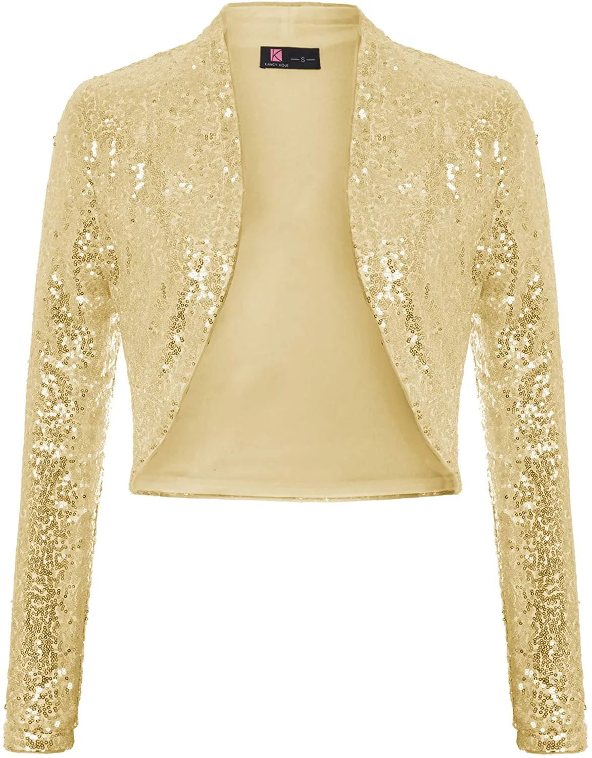 Shiny Black Sequin Shrug Long Sleeve Open Front Blazer Jacket