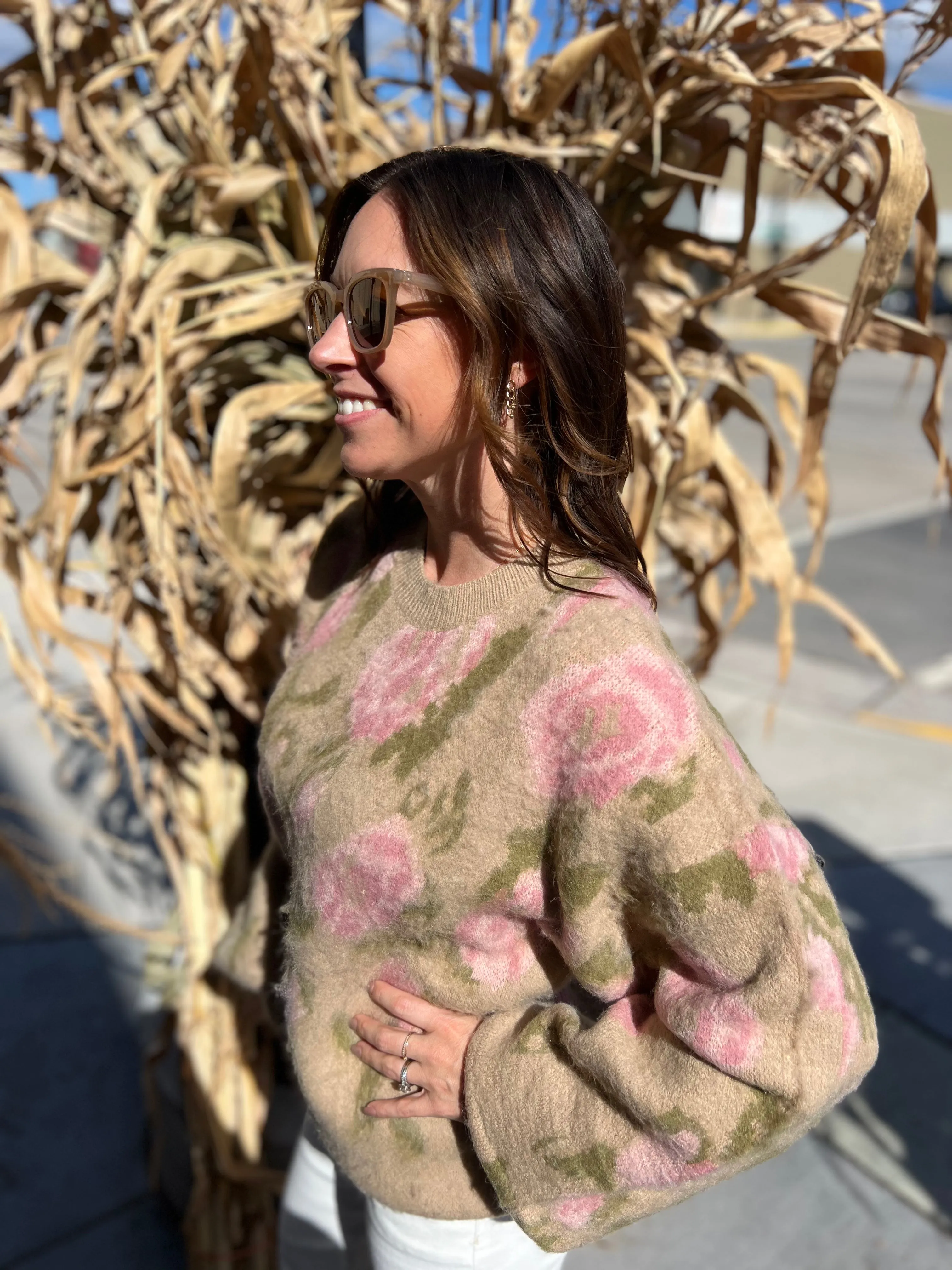 Soft Cozy Floral Print Knit Sweater Top