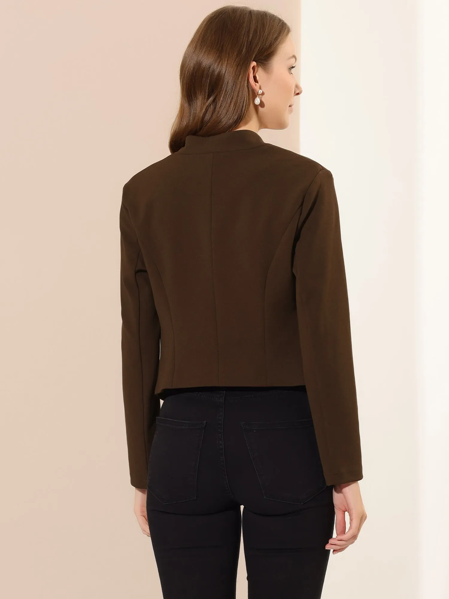 Solid Color Collarless Cropped Office Blazer Jacket