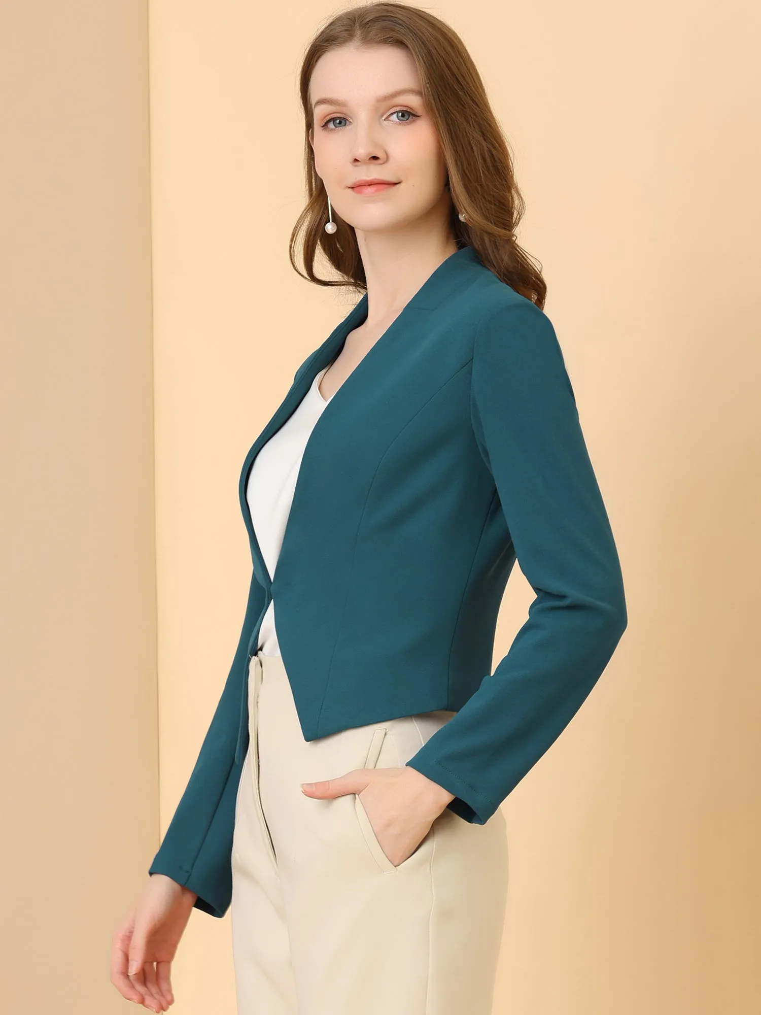 Solid Color Collarless Cropped Office Blazer Jacket