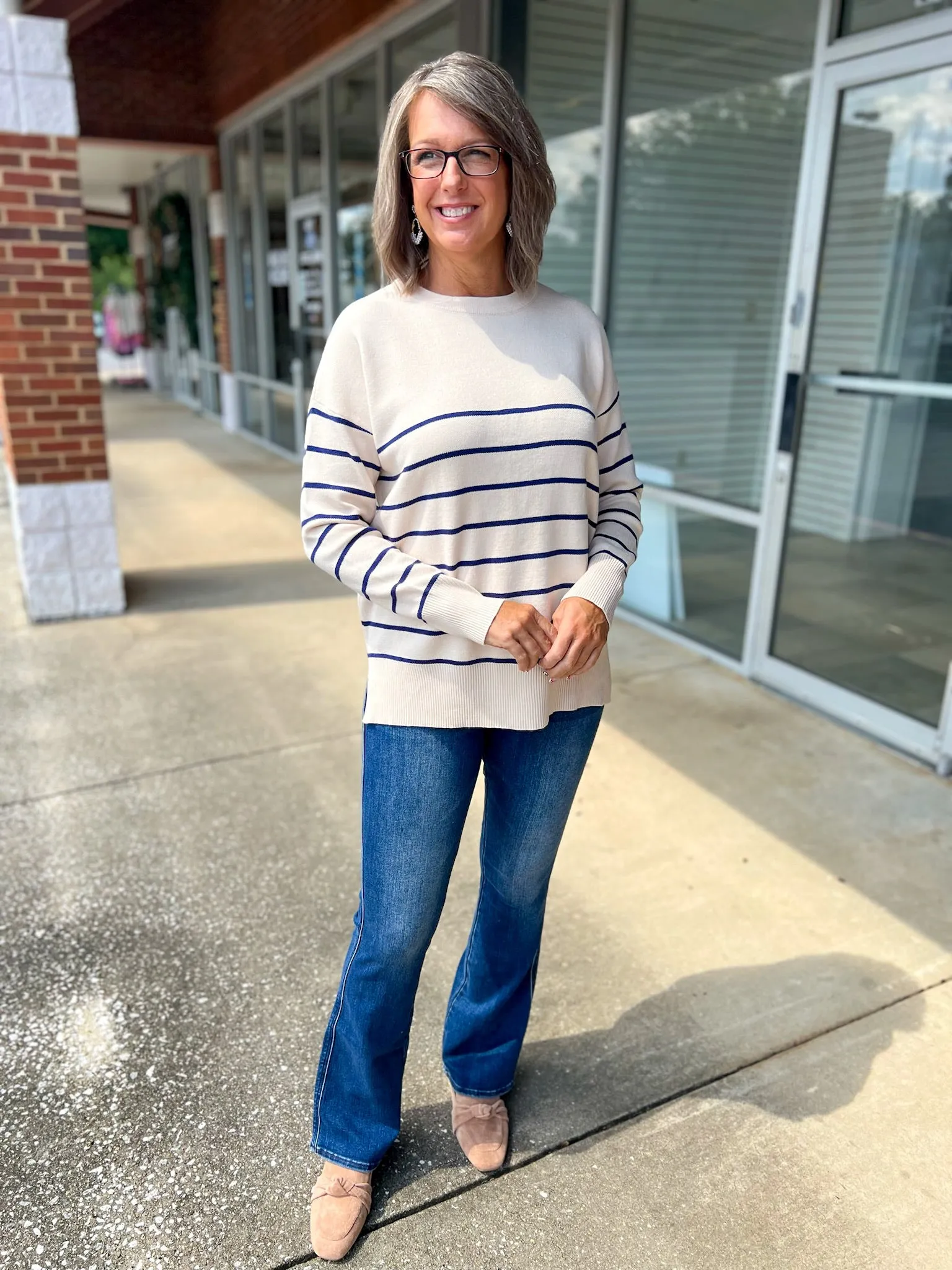 Start Again Oatmeal Sweater with Navy Stripes and Side Slits