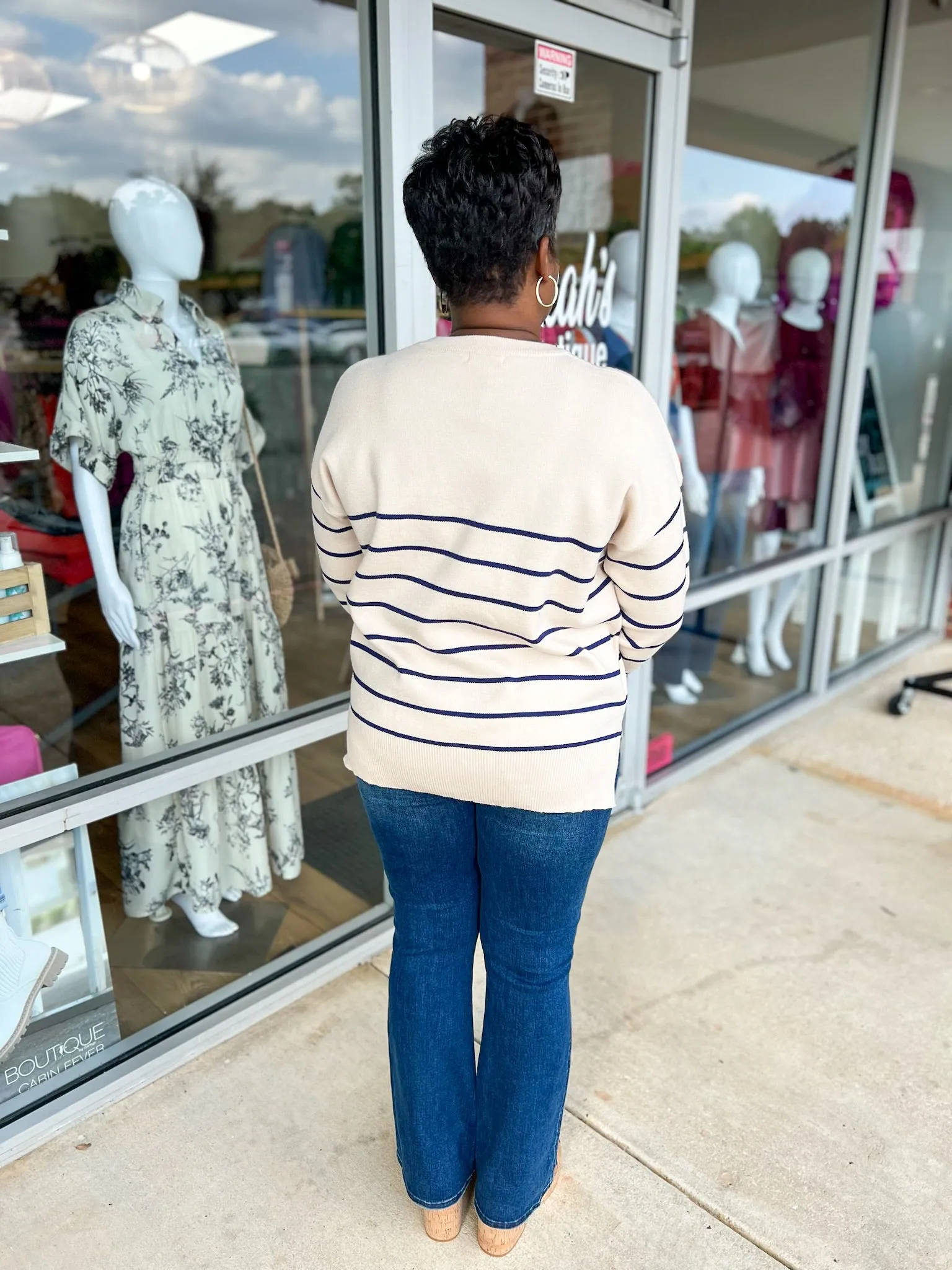Start Again Oatmeal Sweater with Navy Stripes and Side Slits