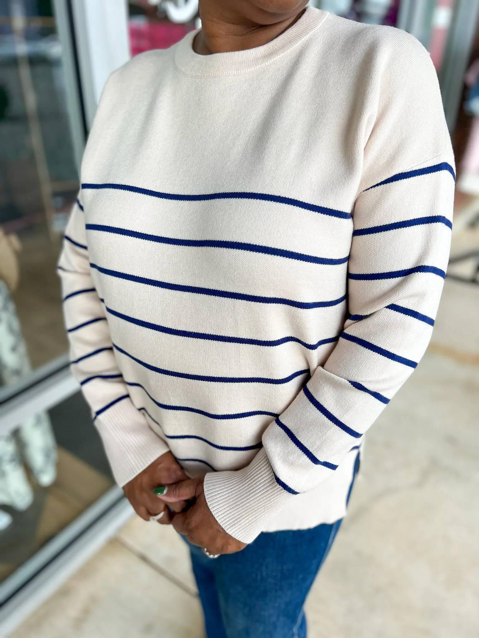 Start Again Oatmeal Sweater with Navy Stripes and Side Slits