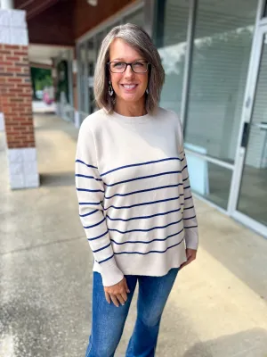 Start Again Oatmeal Sweater with Navy Stripes and Side Slits