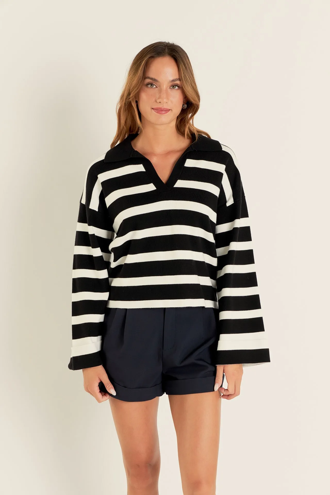 Striped Collared Cropped Sweater