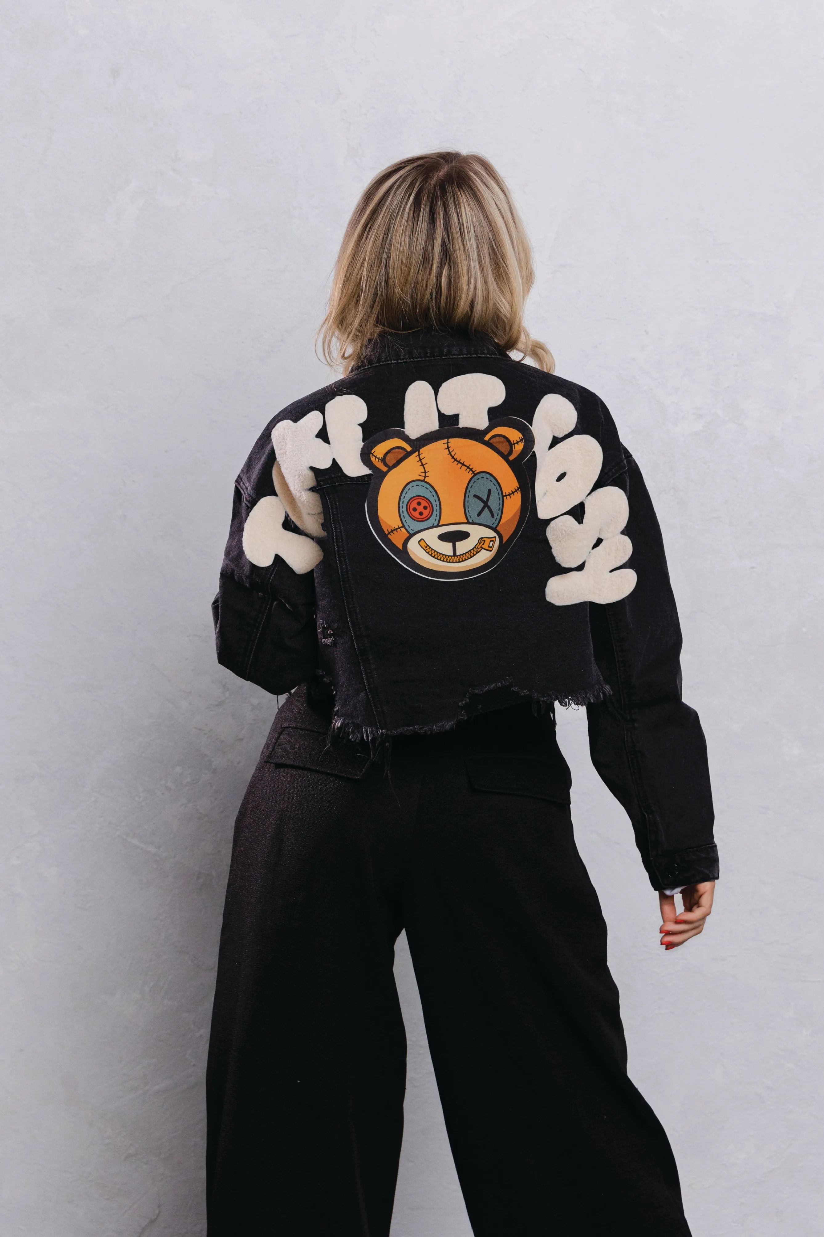 TAKE IT EASY teddy bear Crop Denim Jacket