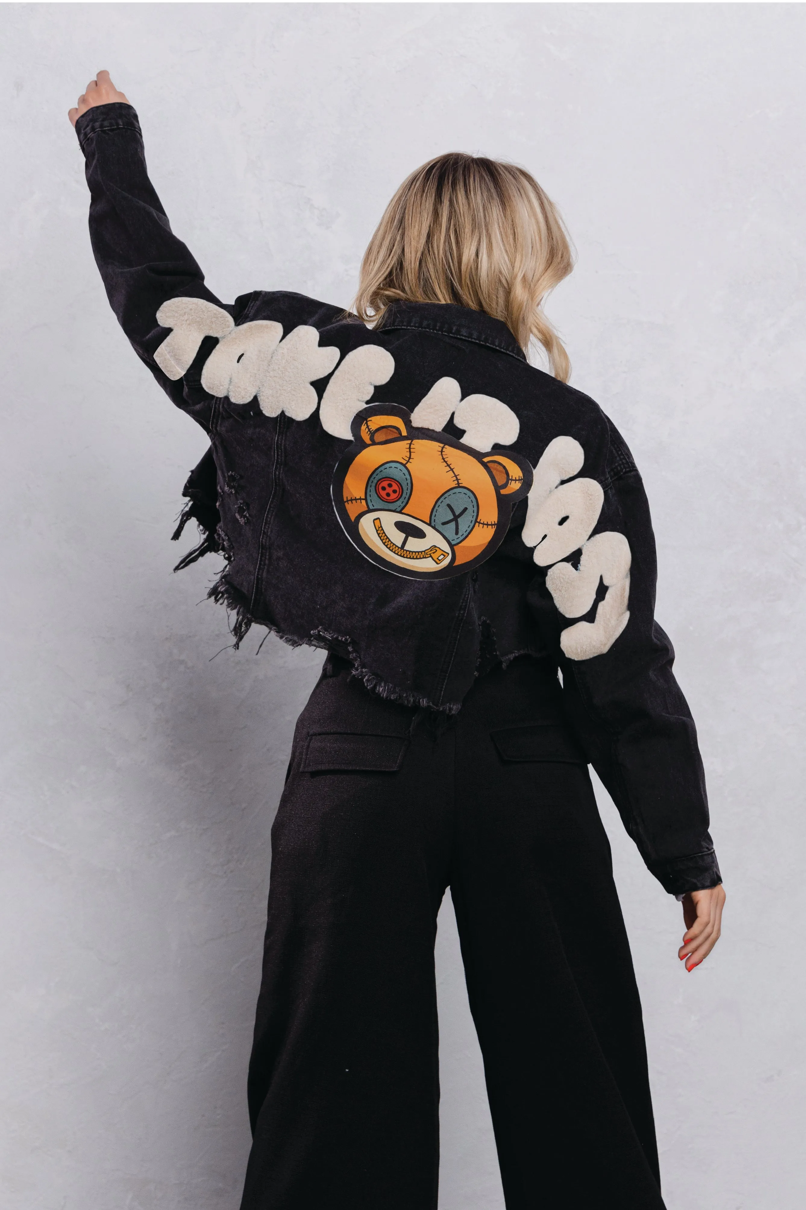TAKE IT EASY teddy bear Crop Denim Jacket
