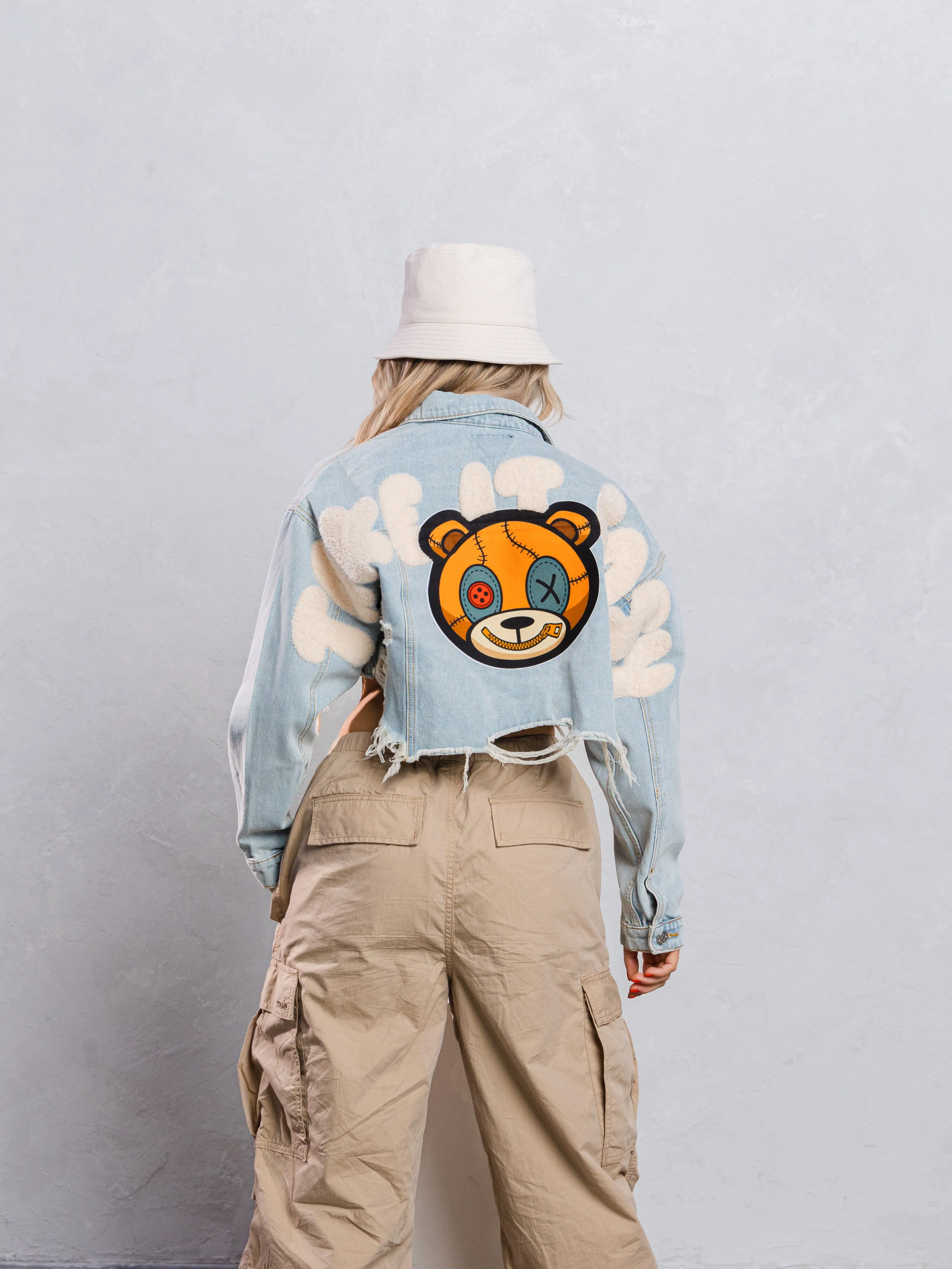 TAKE IT EASY teddy bear Crop Denim Jacket