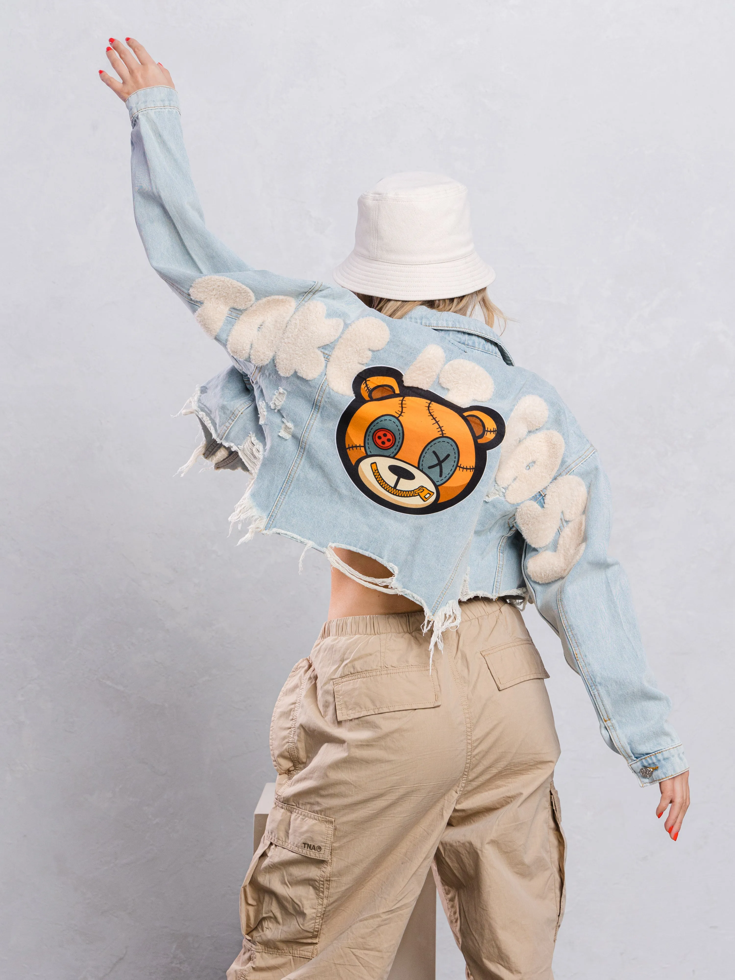 TAKE IT EASY teddy bear Crop Denim Jacket