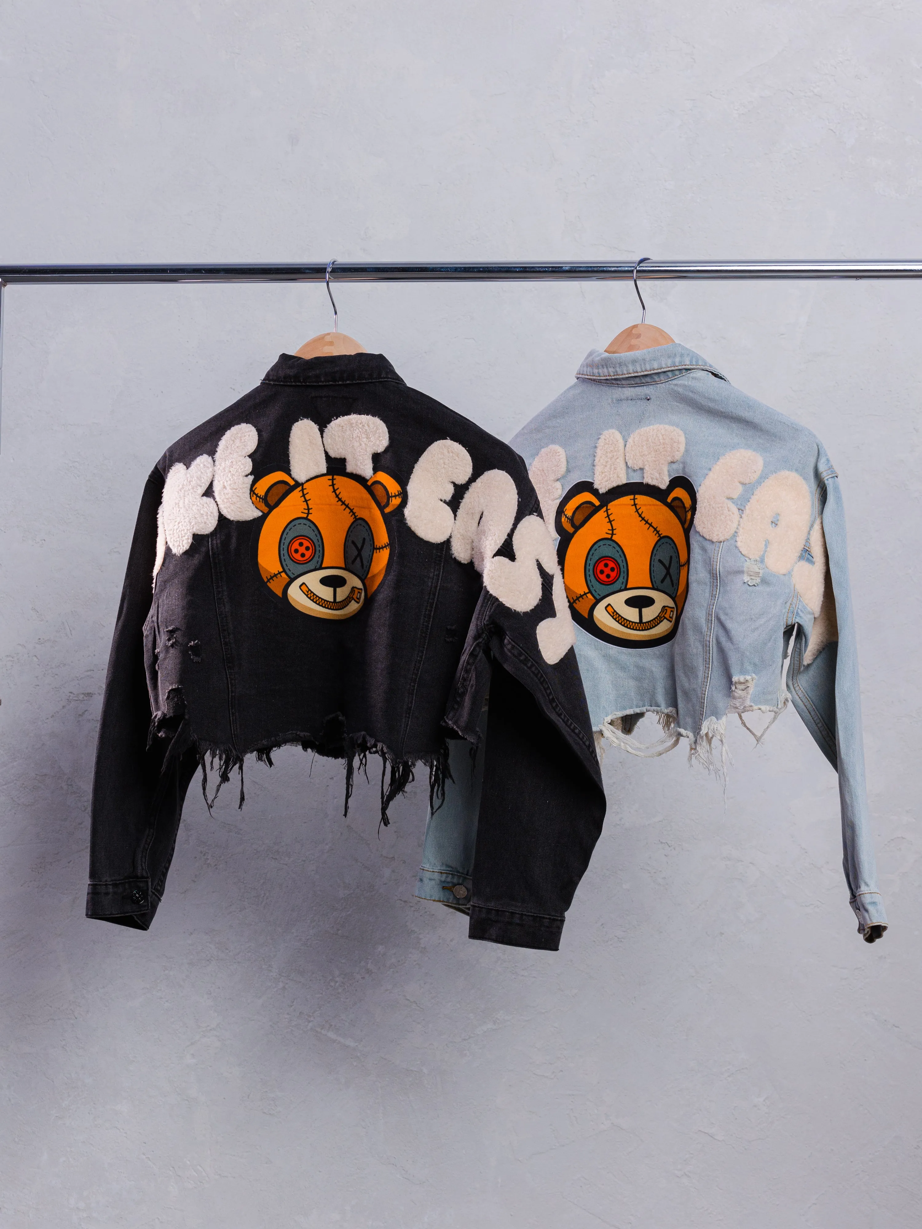 TAKE IT EASY teddy bear Crop Denim Jacket