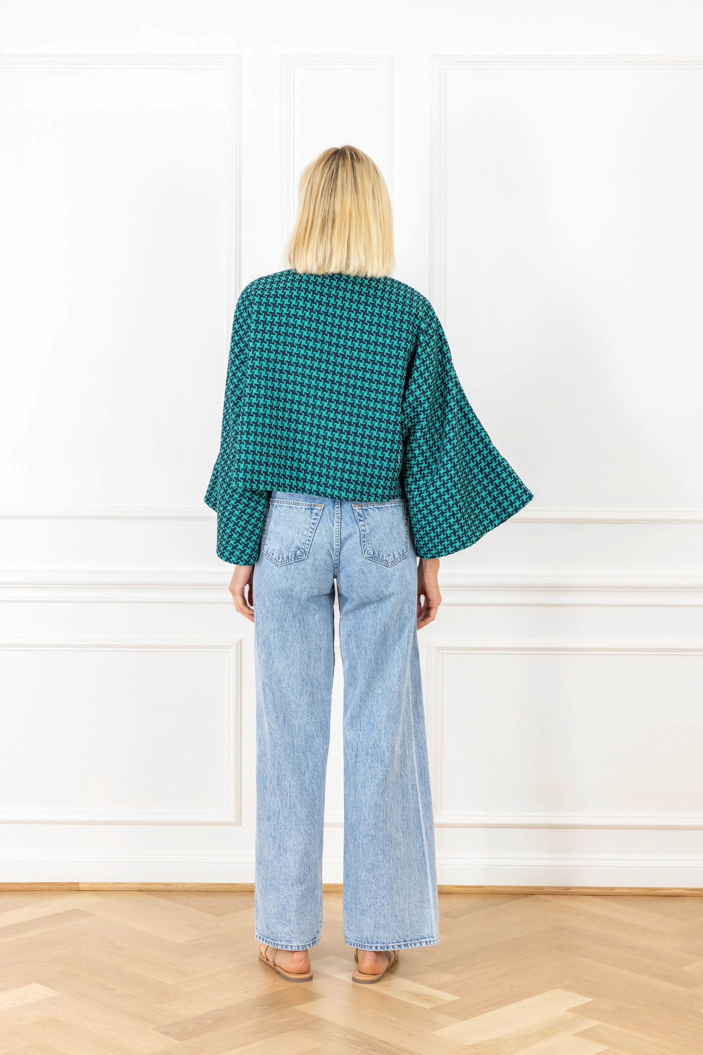 Teal Houndstooth Woven Cropped Jacket