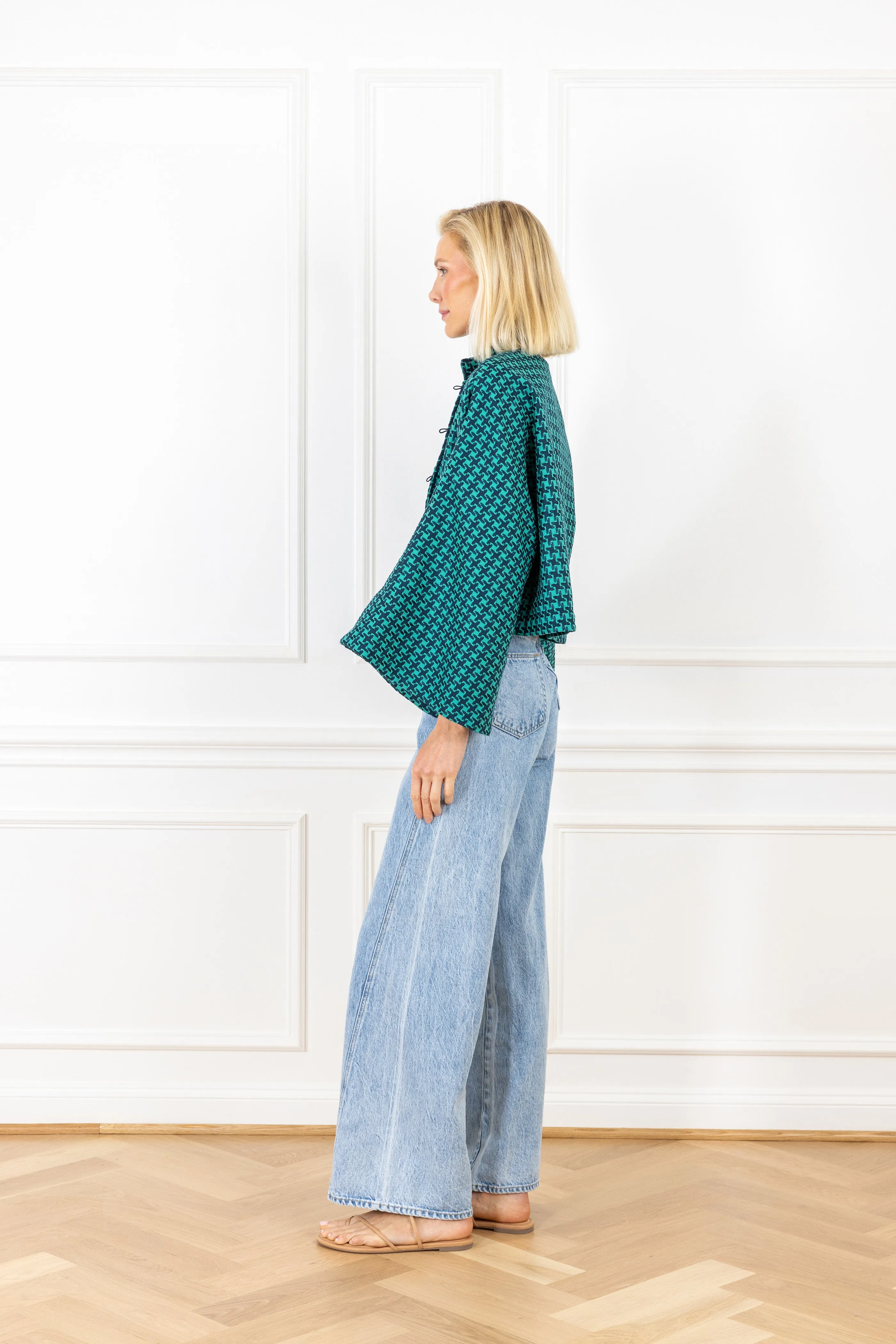 Teal Houndstooth Woven Cropped Jacket
