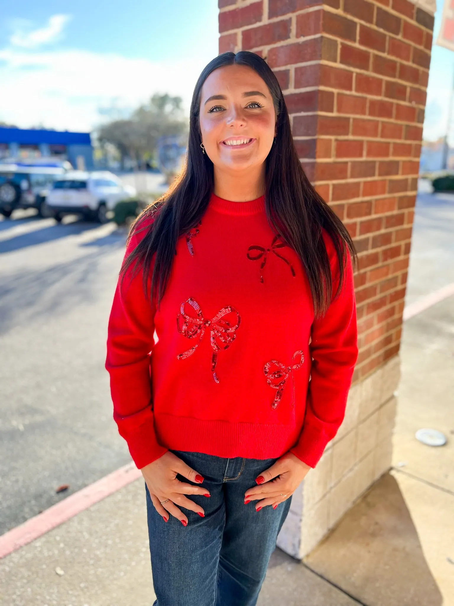 That Festive Feeling Red Sweater with Red Sequin Bows