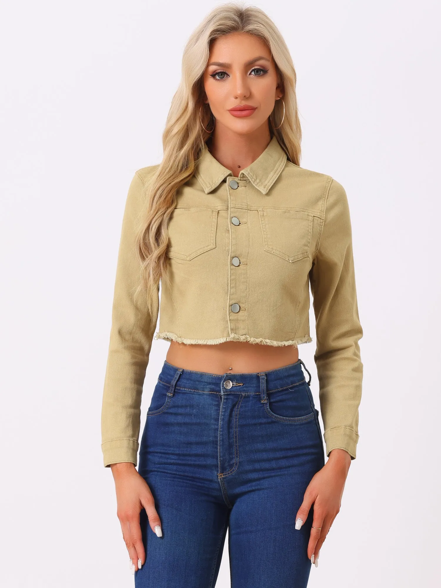 Trendy Frayed Button Up Washed Cropped Denim Jacket