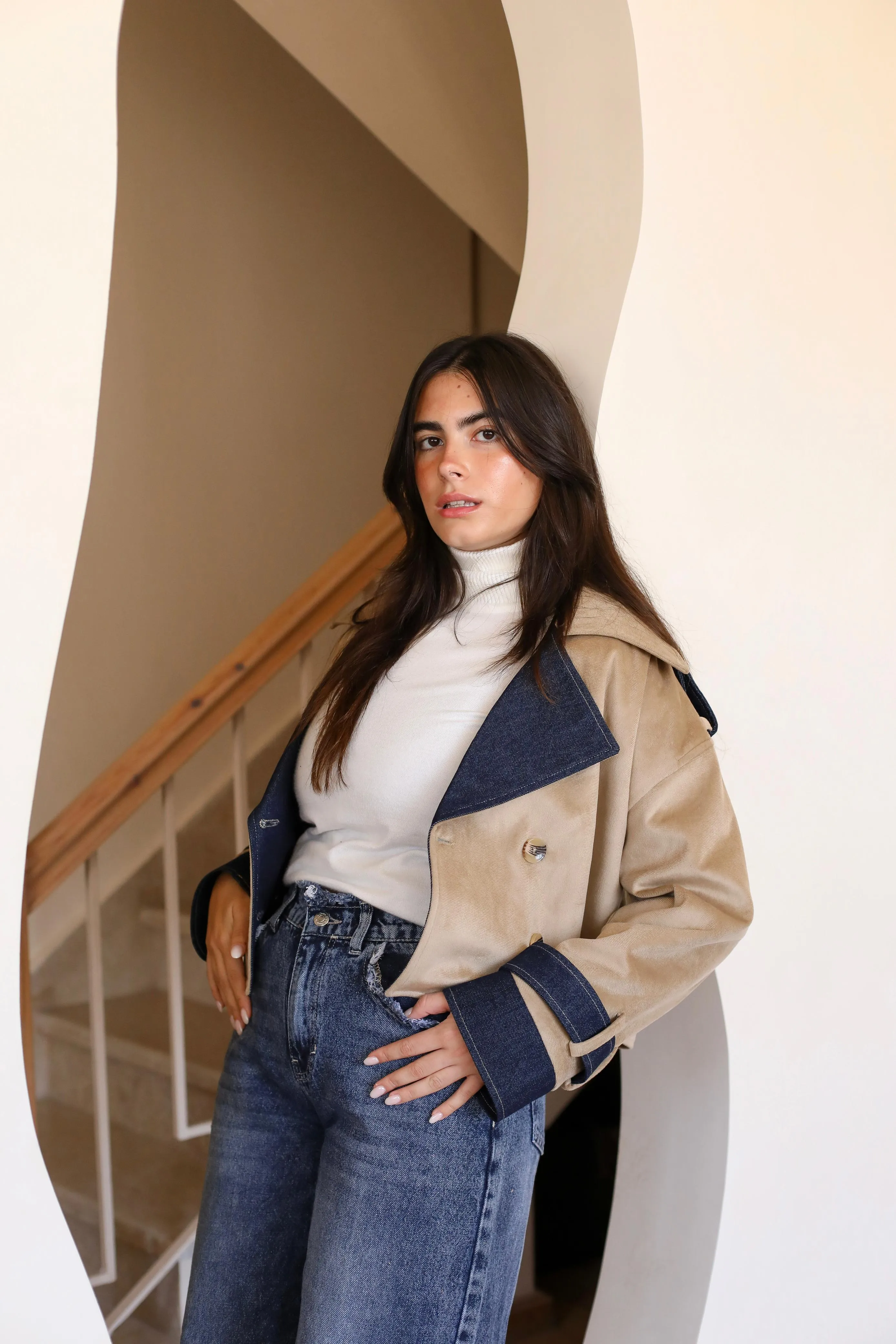 Velvet wool X Denim Cropped Coat -biege