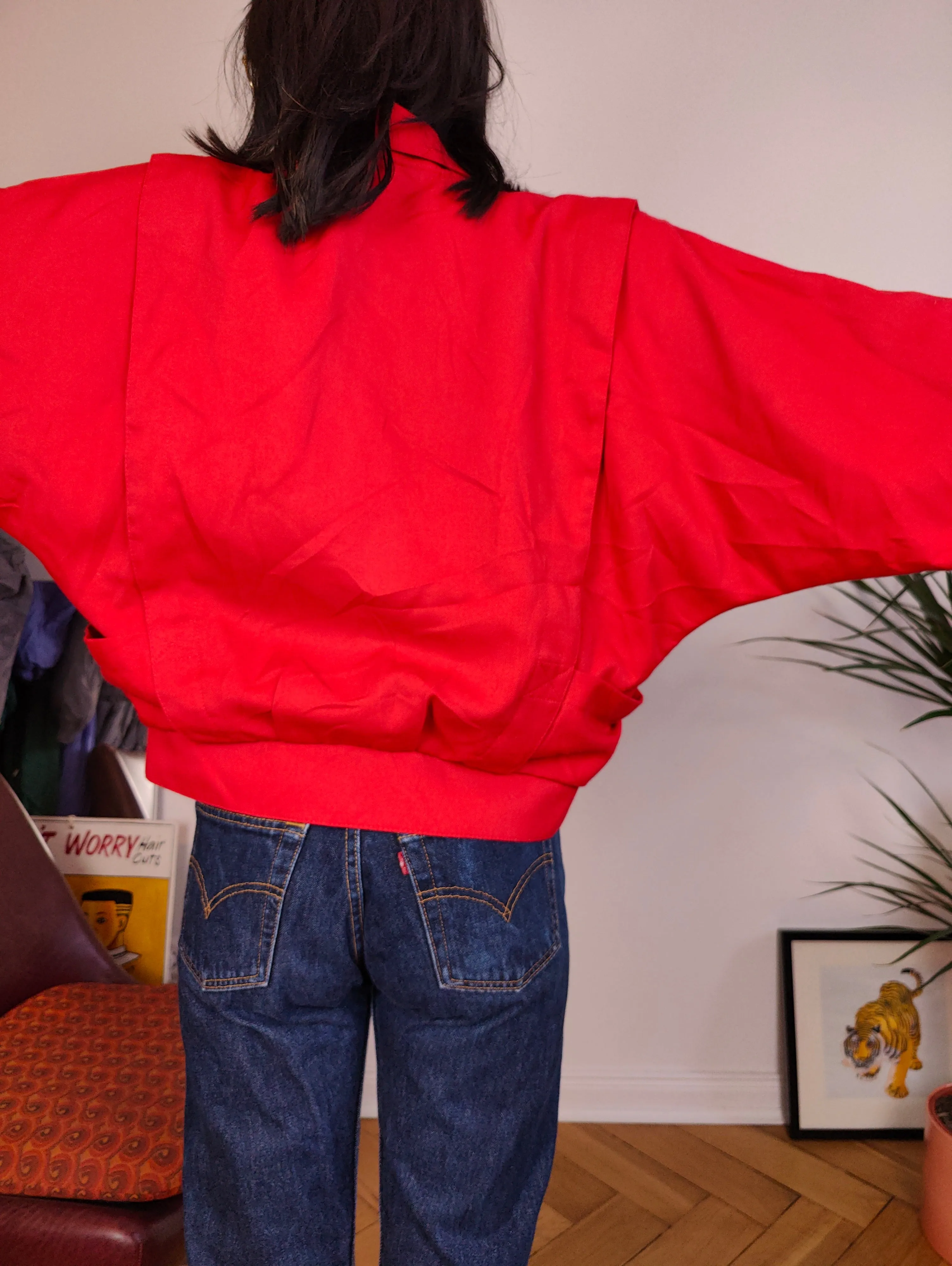 Vintage viscose short jacket red plain crop bomber blazer women M