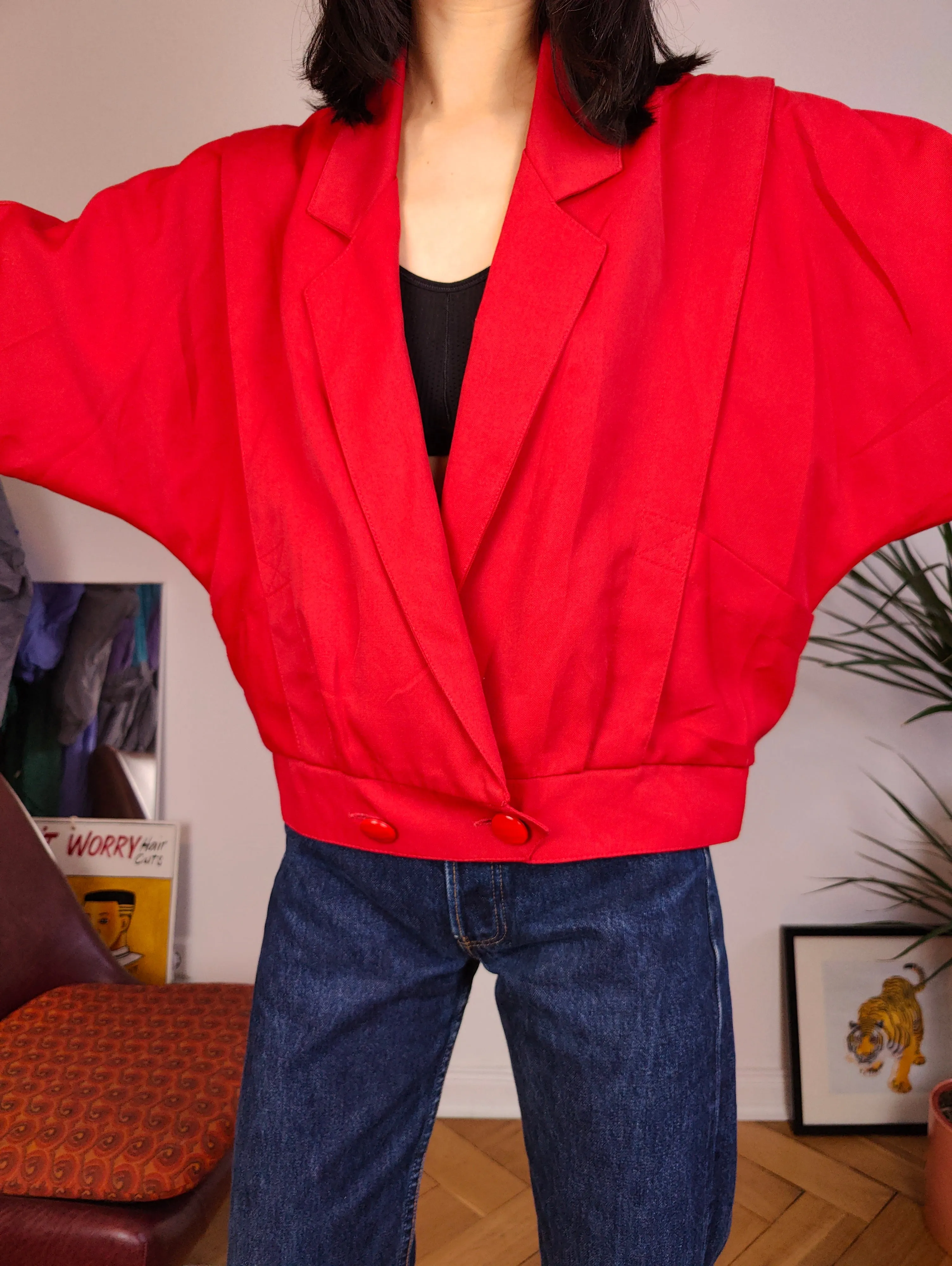 Vintage viscose short jacket red plain crop bomber blazer women M
