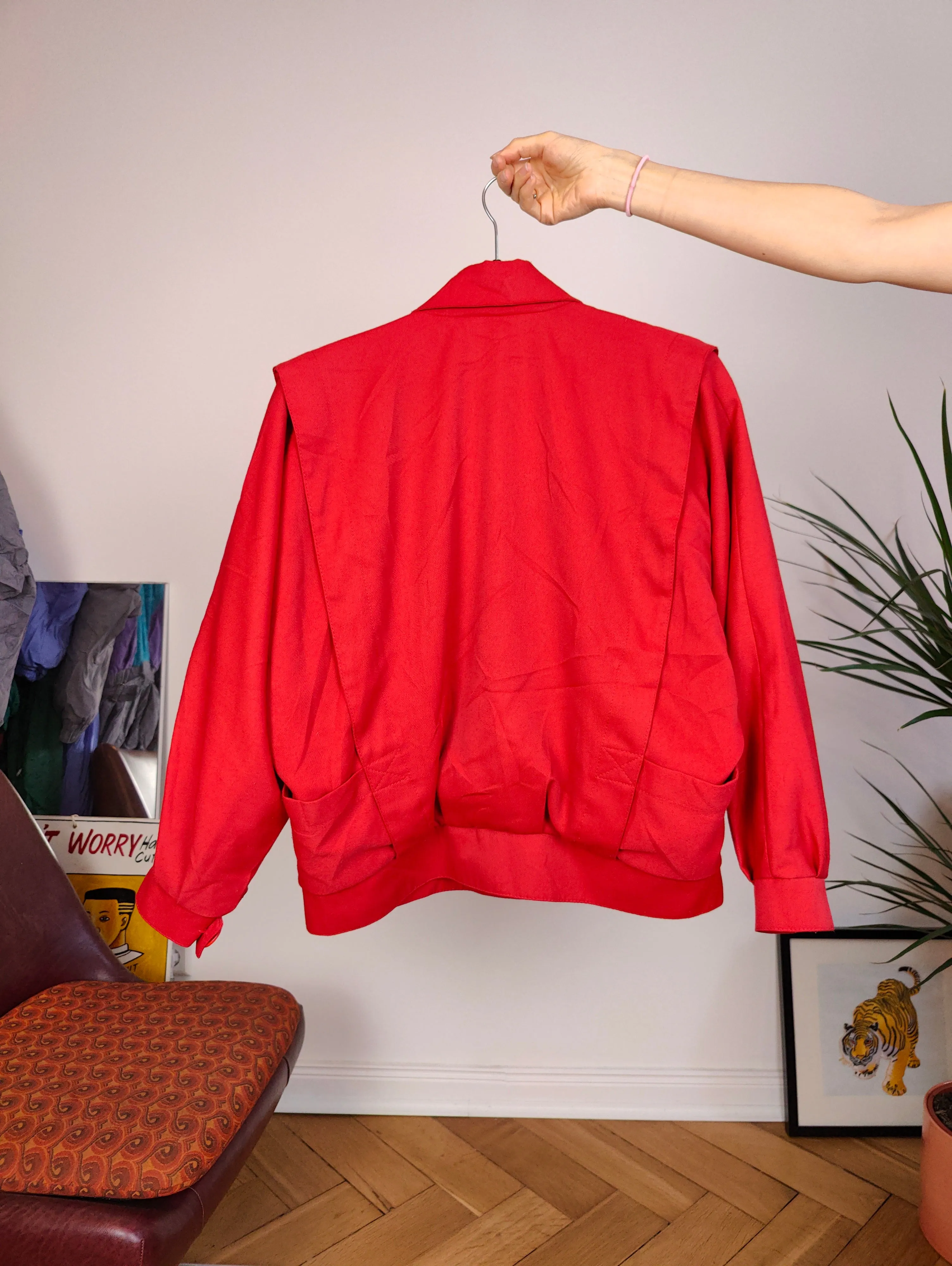 Vintage viscose short jacket red plain crop bomber blazer women M