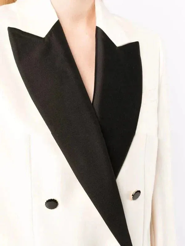 Wenkouban-Winter outfits Christmas Contrast Notched White Double Breasted Blazer