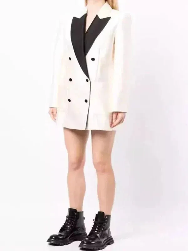 Wenkouban-Winter outfits Christmas Contrast Notched White Double Breasted Blazer