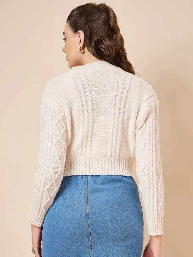 White V-Neck self design Sweater