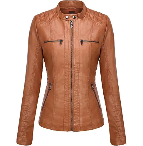 Women Cropped Style Brown Genuine Leather Jacket