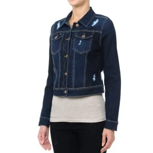 Women's Cropped Fit Distressed Stretch Denim Jacket with Button Front