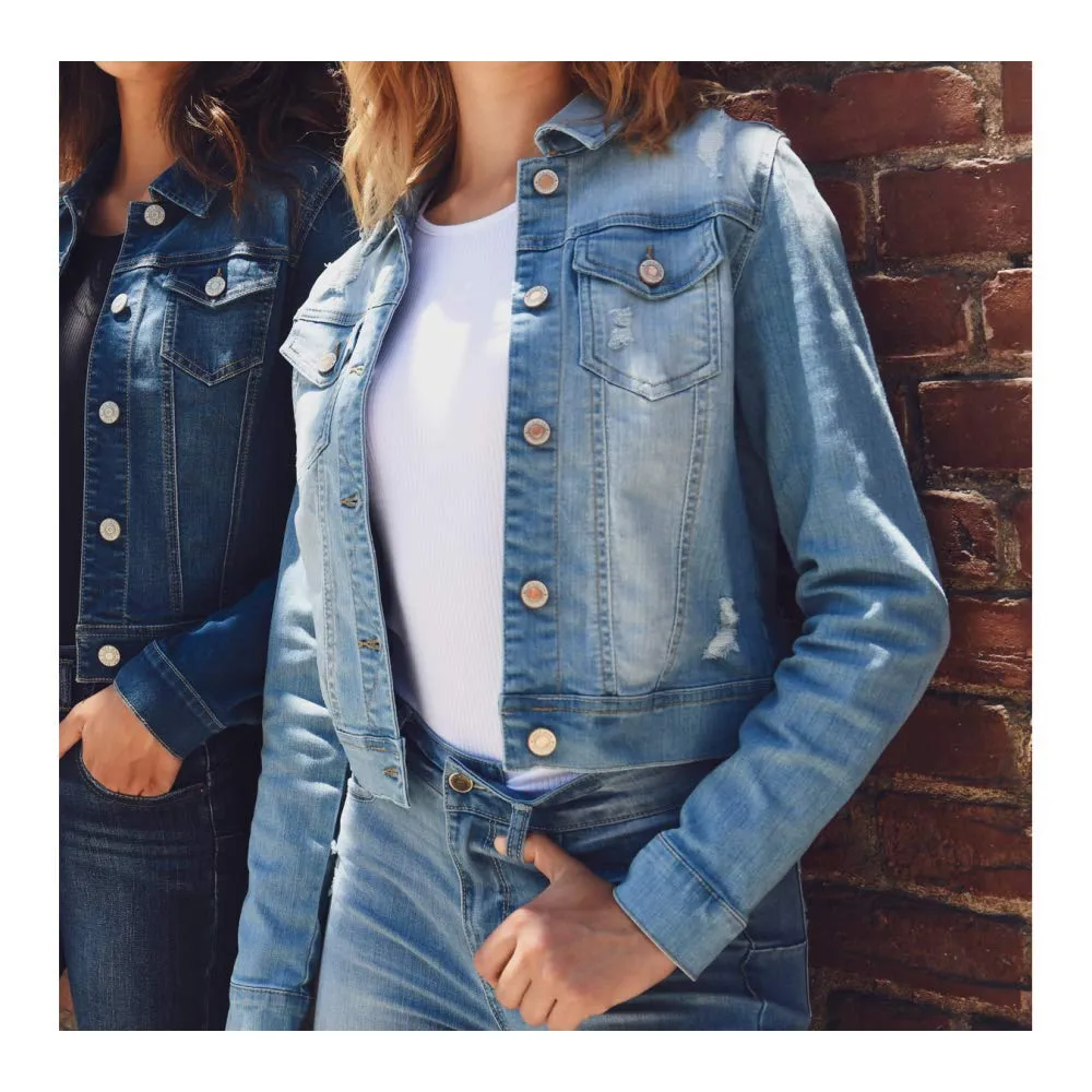 Women's Cropped Fit Distressed Stretch Denim Jacket with Button Front