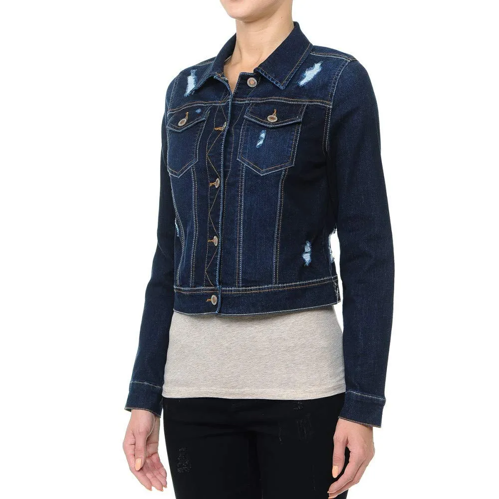 Women's Cropped Fit Distressed Stretch Denim Jacket with Button Front