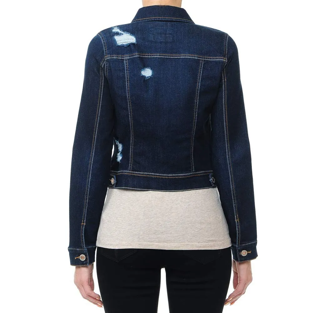Women's Cropped Fit Distressed Stretch Denim Jacket with Button Front