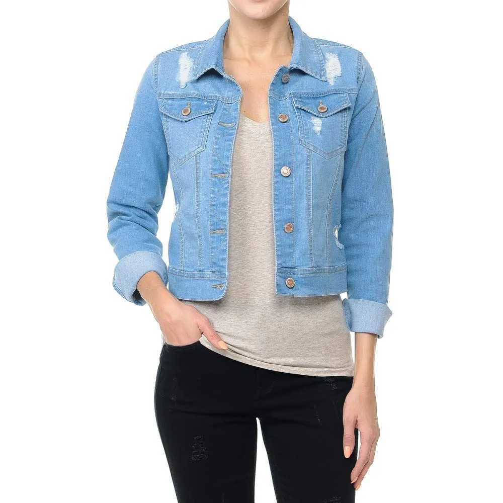 Women's Cropped Fit Distressed Stretch Denim Jacket with Button Front