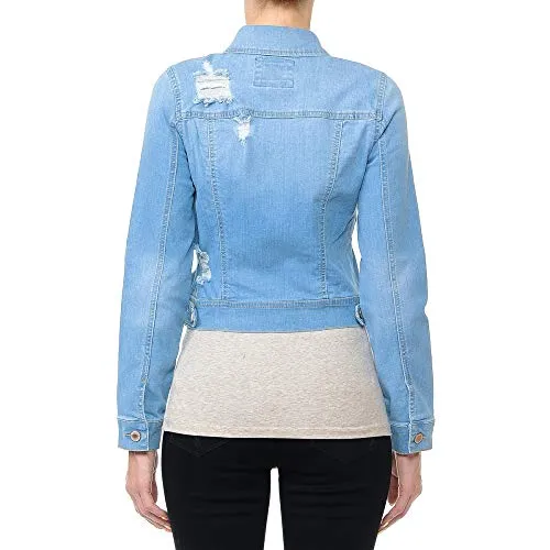 Women's Cropped Fit Distressed Stretch Denim Jacket with Button Front