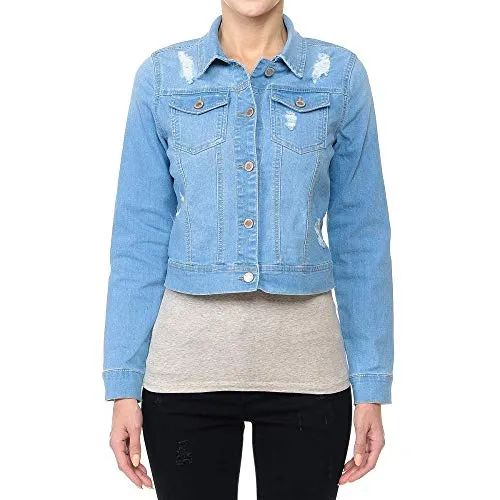 Women's Cropped Fit Distressed Stretch Denim Jacket with Button Front