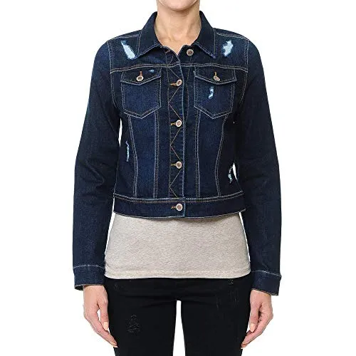 Women's Cropped Fit Distressed Stretch Denim Jacket with Button Front